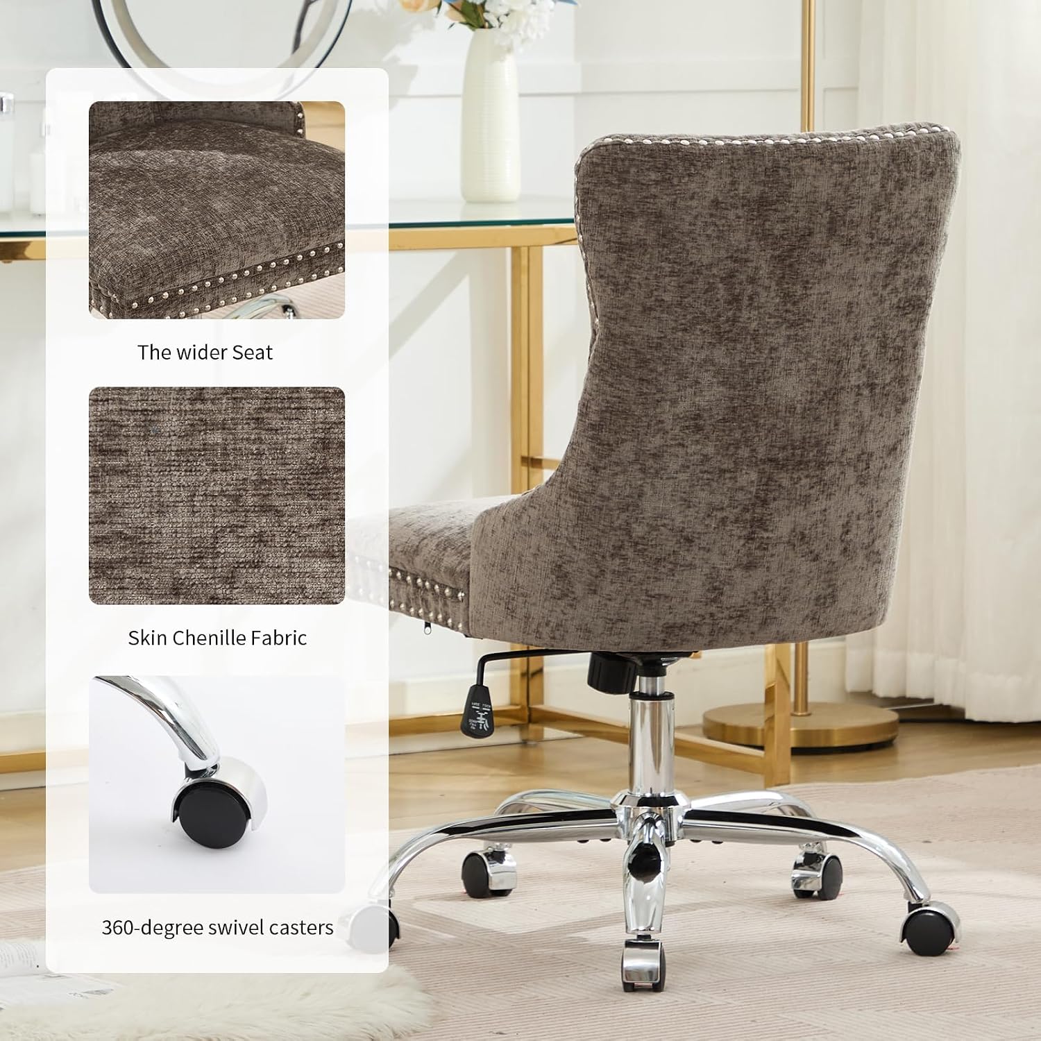 Home Office Chair with Wheels & Silver Base, Cute Chenille Fabric Makeup Vanity Chair with Tufted Back for Bedroom, Upholstered Adjustable Swivel Comfy Desk Chair for Girls Women, Grey