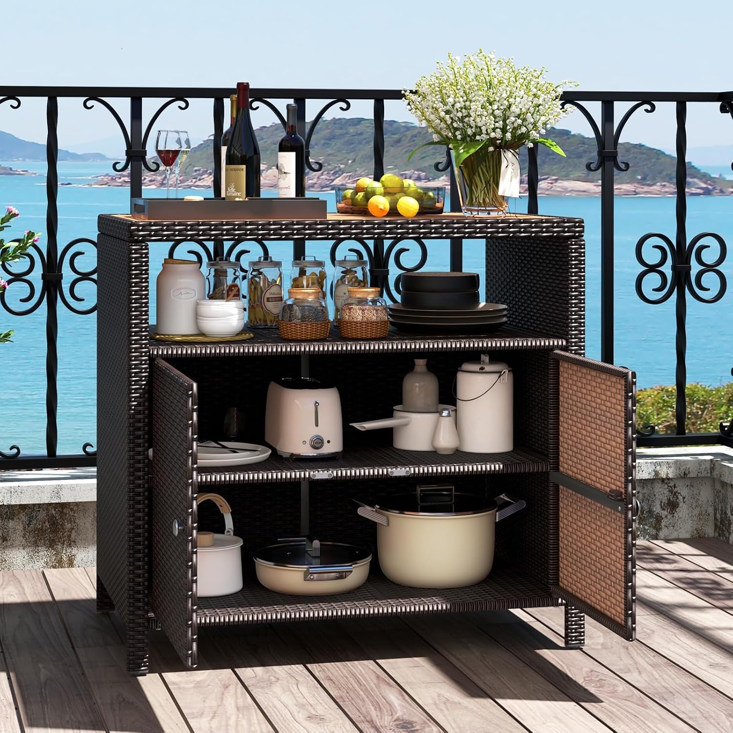 RELAX4LIFE Wicker Outdoor Bar Cabinet - PE Rattan Patio Bar Table w/Acacia Wood Countertop, Open Shelf & 2 Doors, Buffet Sideboard Organizer for Garden Backyard Pool, Outside Storage Cabinet (Brown)