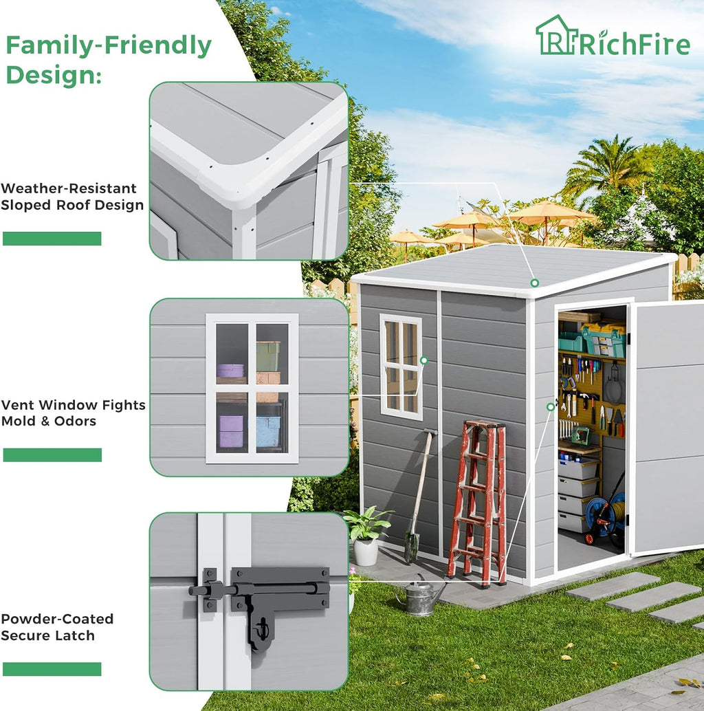 5x4 FT Plastic Outdoor Storage Sheds with Floor and Lockable Door, Compact Resin Outdoor Storage Cabinet Waterproof, Garden Shed/Tool Shed for Backyard, Patio, Lawn, Grey