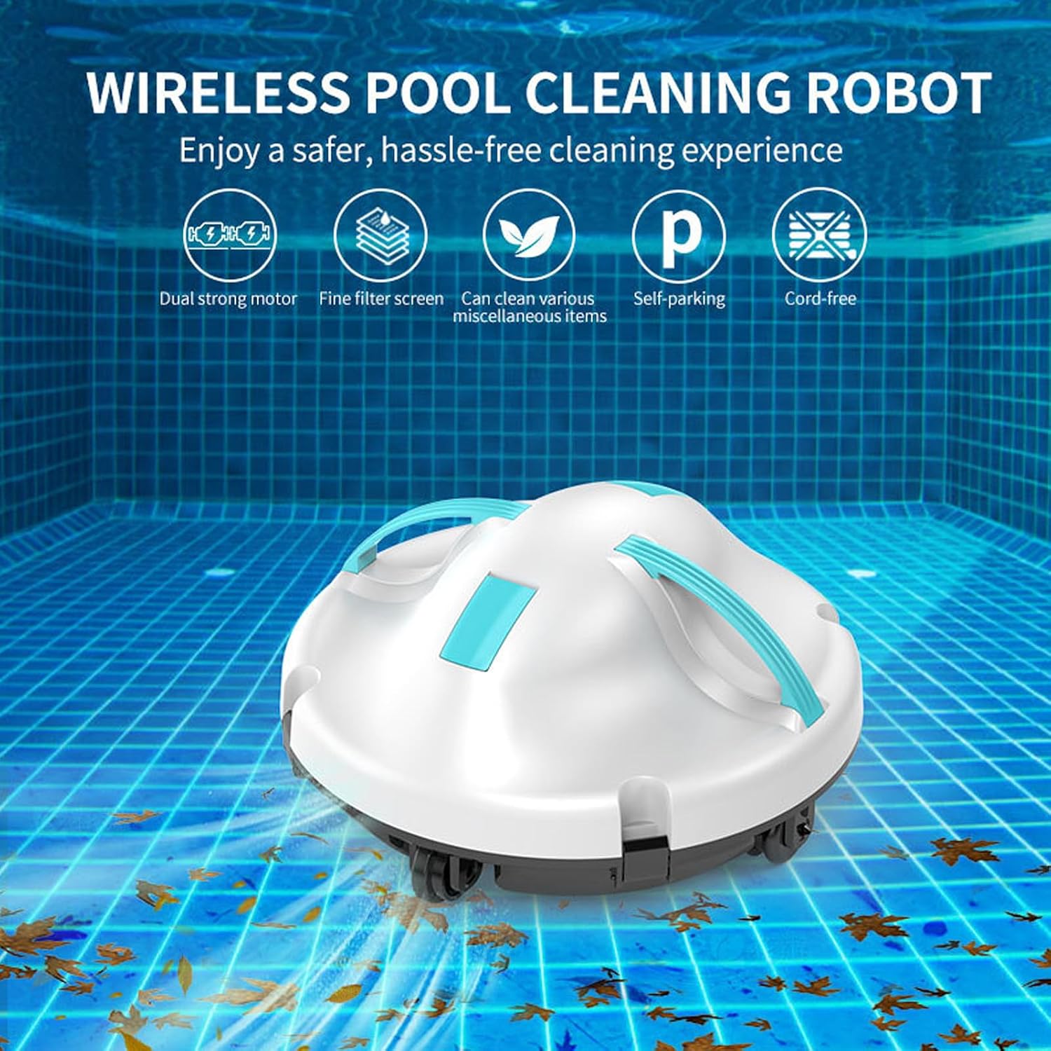 Cordless Automatic Pool Cleaning Robot, Dual Motor Pool Cleaning Vacuum, 5200mAh Battery Self-Parking