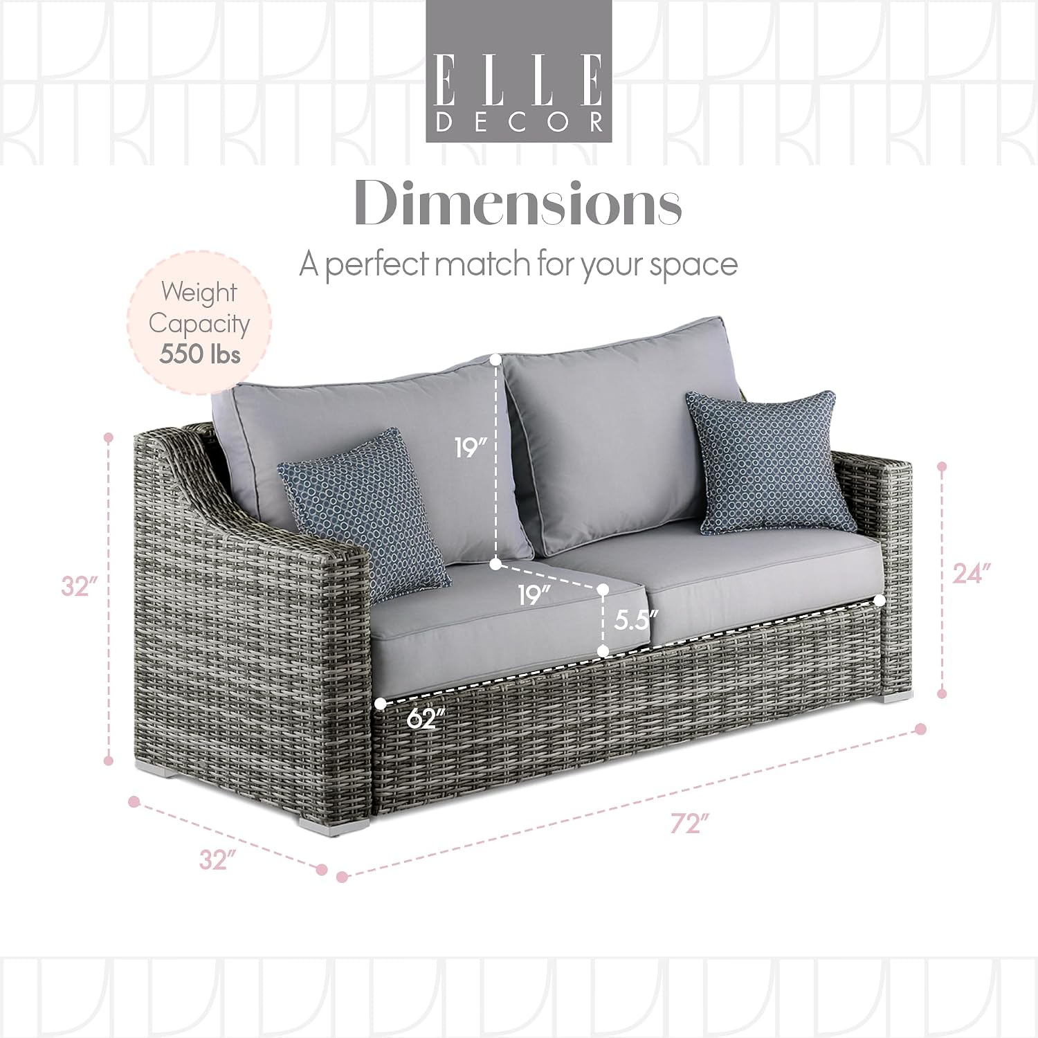 Elle Decor Vallauris Patio Outdoor Furniture Collection, Premium All Weather Wicker, Sofa, Gray