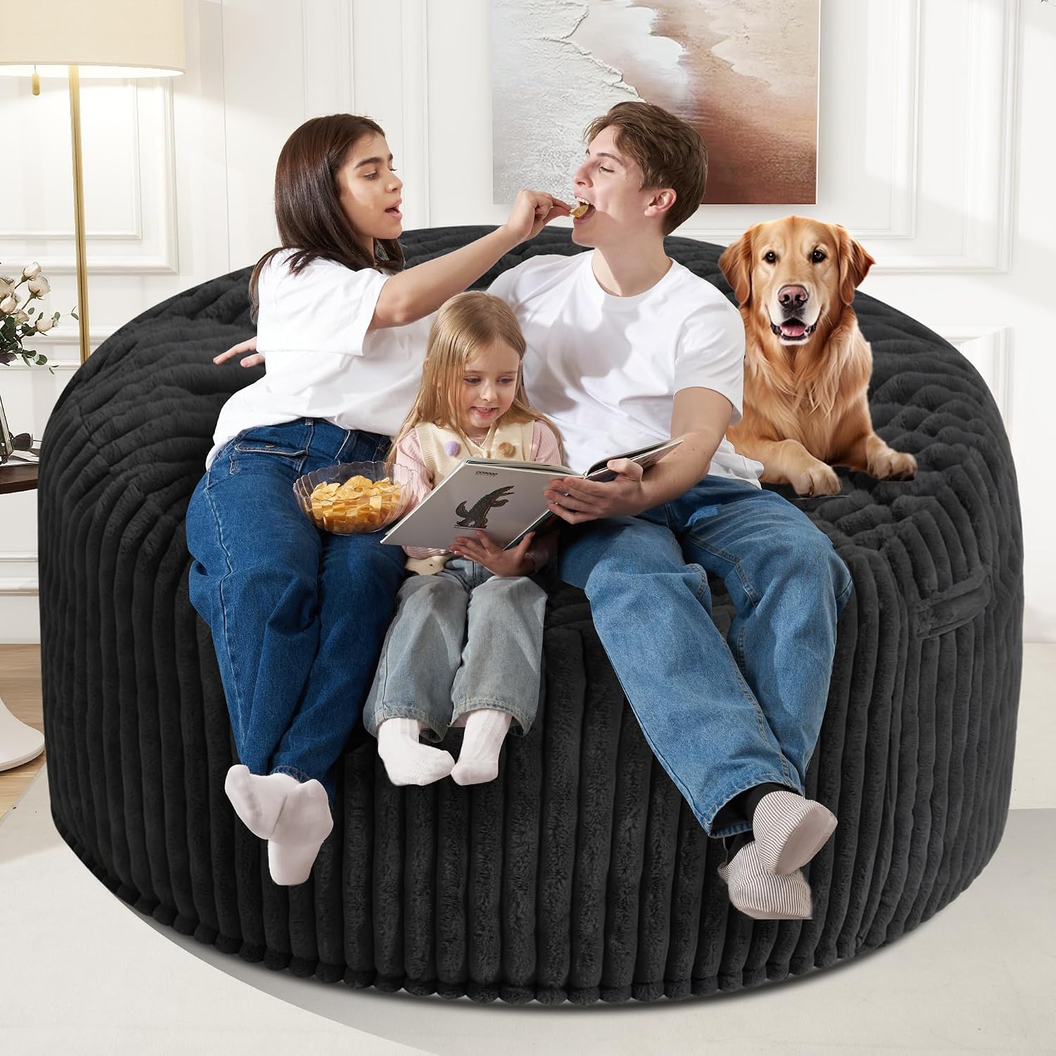 Homguava 6 FT Bean Bag Chair,6' Big Bean Bag,Giant Bean Bag Chairs for Adults with Memory Foam Filled,Comfy Large Beanbag Chairs Soft Bean Bag Sofa with Dutch Corded Plush Cover-Black