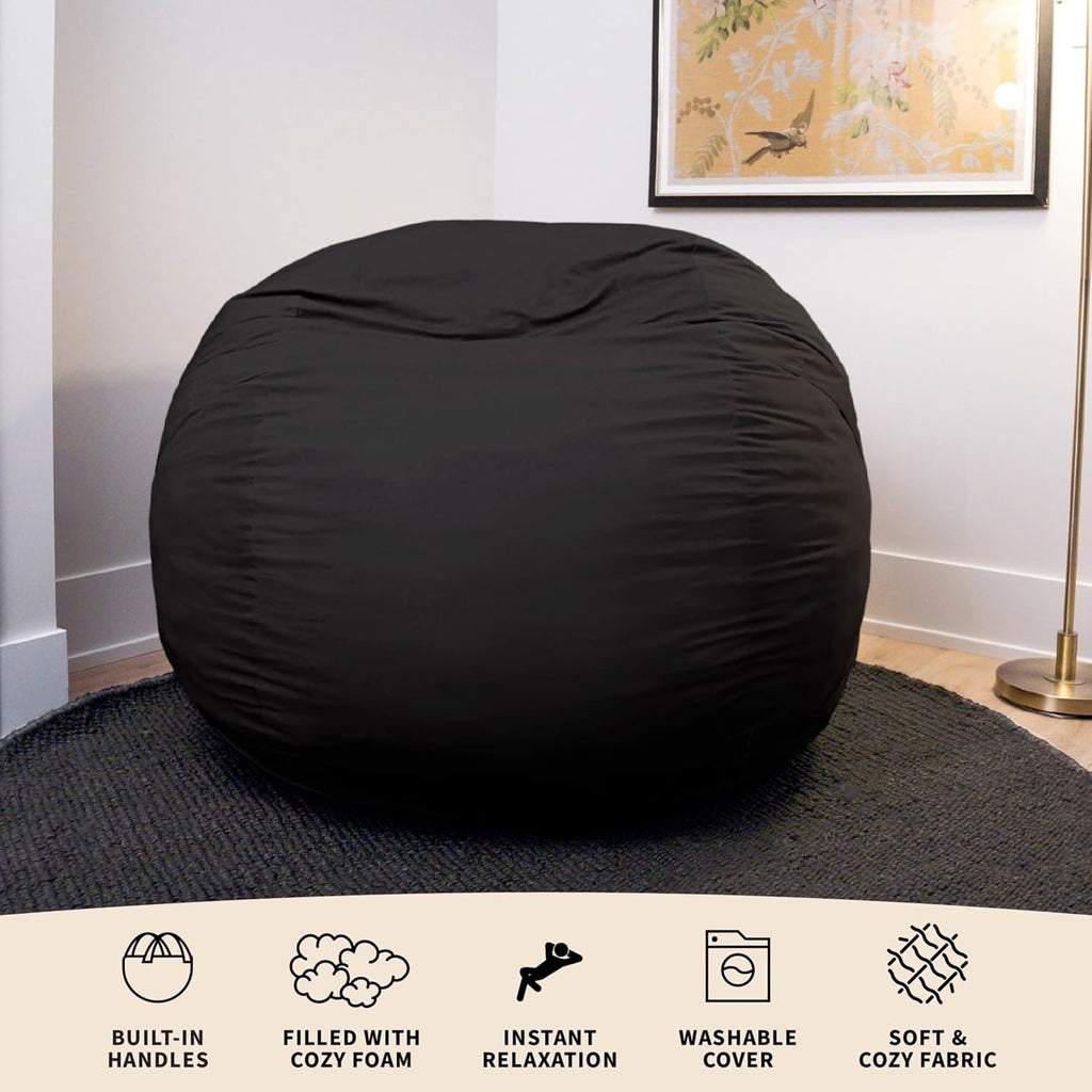 Big Joe Fuf 5Ft Oversized Foam Bean Bag Chair with Removable Cover for Kids, Teens, Adults, Onyx Lenox, Durable Woven Polyester, 5 foot Large Reading and Gaming Seat