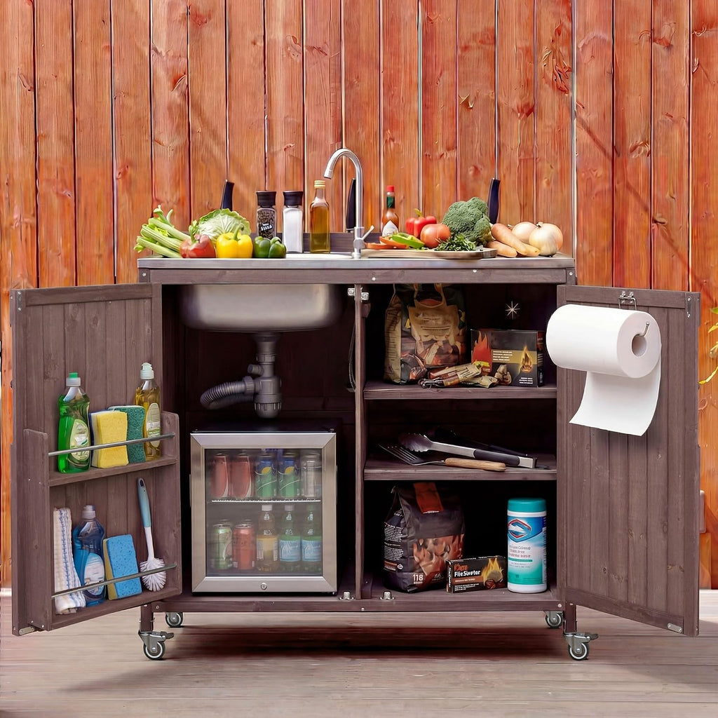 LUMISOL Outdoor Kitchen Island with Stainless Steel Top, Farmhouse Outdoor Grill Table with Sink, Hose Hook Up & Faucet, 39.4' Rolling Kitchen Cart with Back Splash & 4 Wheel, Dark Brown