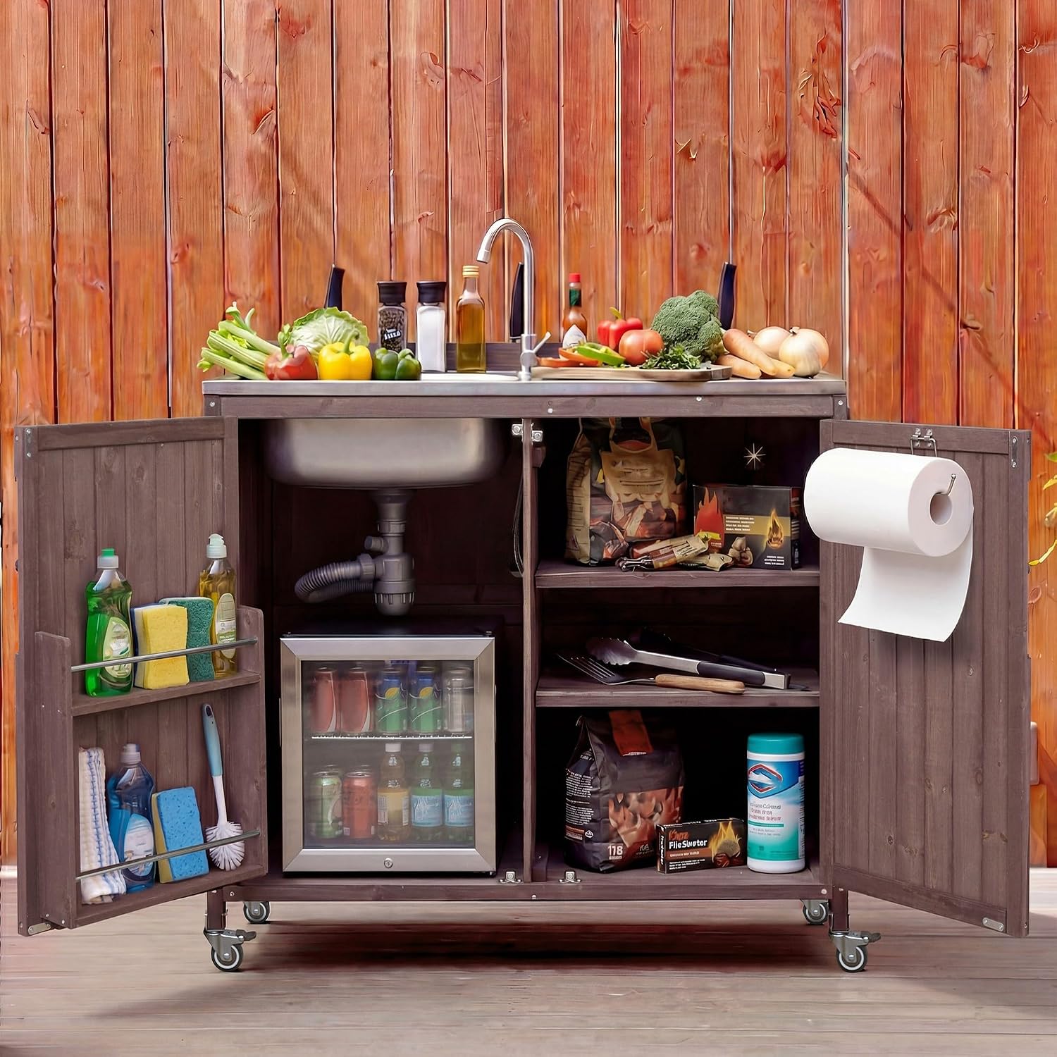 LUMISOL Outdoor Kitchen Island with Stainless Steel Top, Farmhouse Outdoor Grill Table with Sink, Hose Hook Up & Faucet, 39.4' Rolling Kitchen Cart with Back Splash & 4 Wheel, Dark Brown