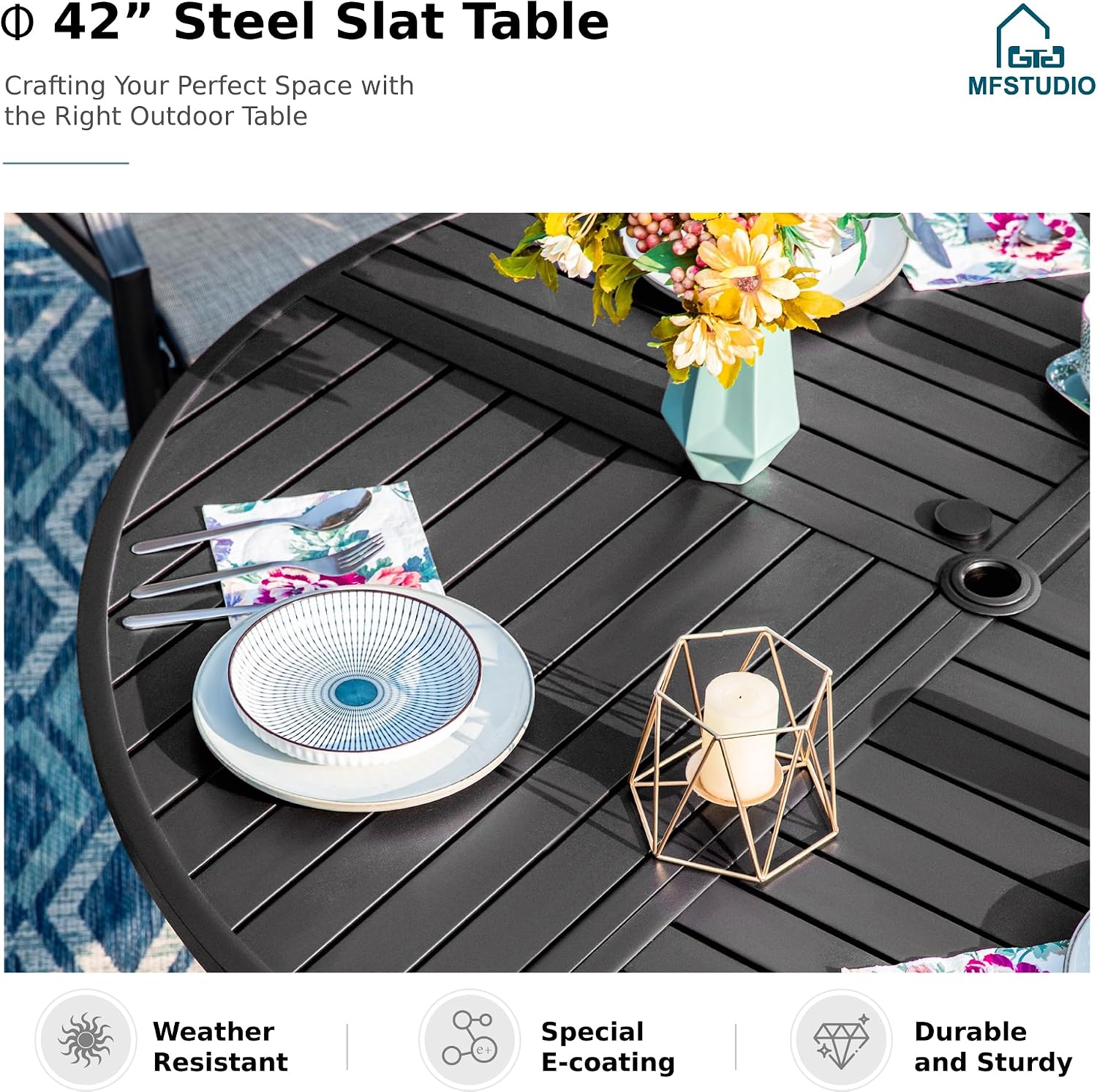 MFSTUDIO Patio Dining Sets for 4, Round Patio Table and Chairs Set with Umbrella Hole, 5 Piece Patio Furniture Set Outdoor Dining Set for Deck,(Red)
