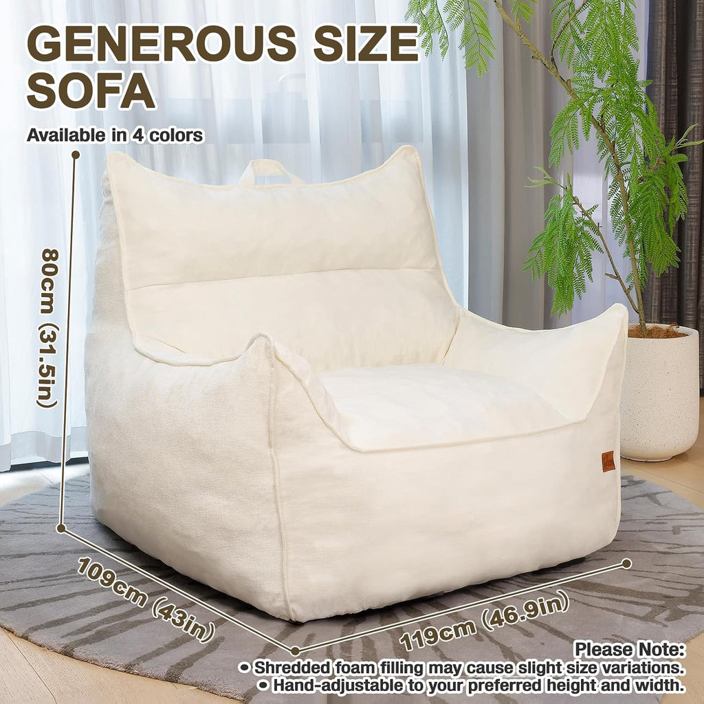 Oversized Fluffy Bean Bag Chair for Adults – Giant Cozy Bean Bag Sofa Chair with Armrests, Handle & Non-Slip Base for Your Reading Nook, Bedroom or Living Room(White-XL)