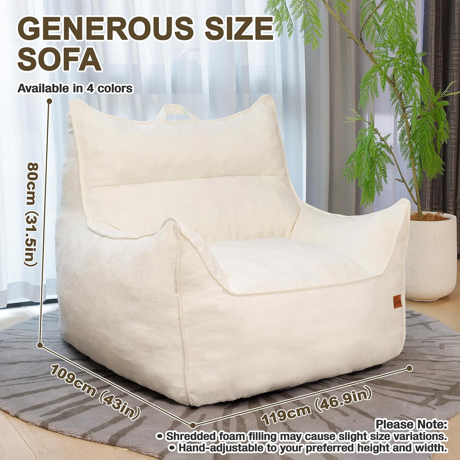 Oversized Fluffy Bean Bag Chair for Adults – Giant Cozy Bean Bag Sofa Chair with Armrests, Handle & Non-Slip Base for Your Reading Nook, Bedroom or Living Room(White-XL)
