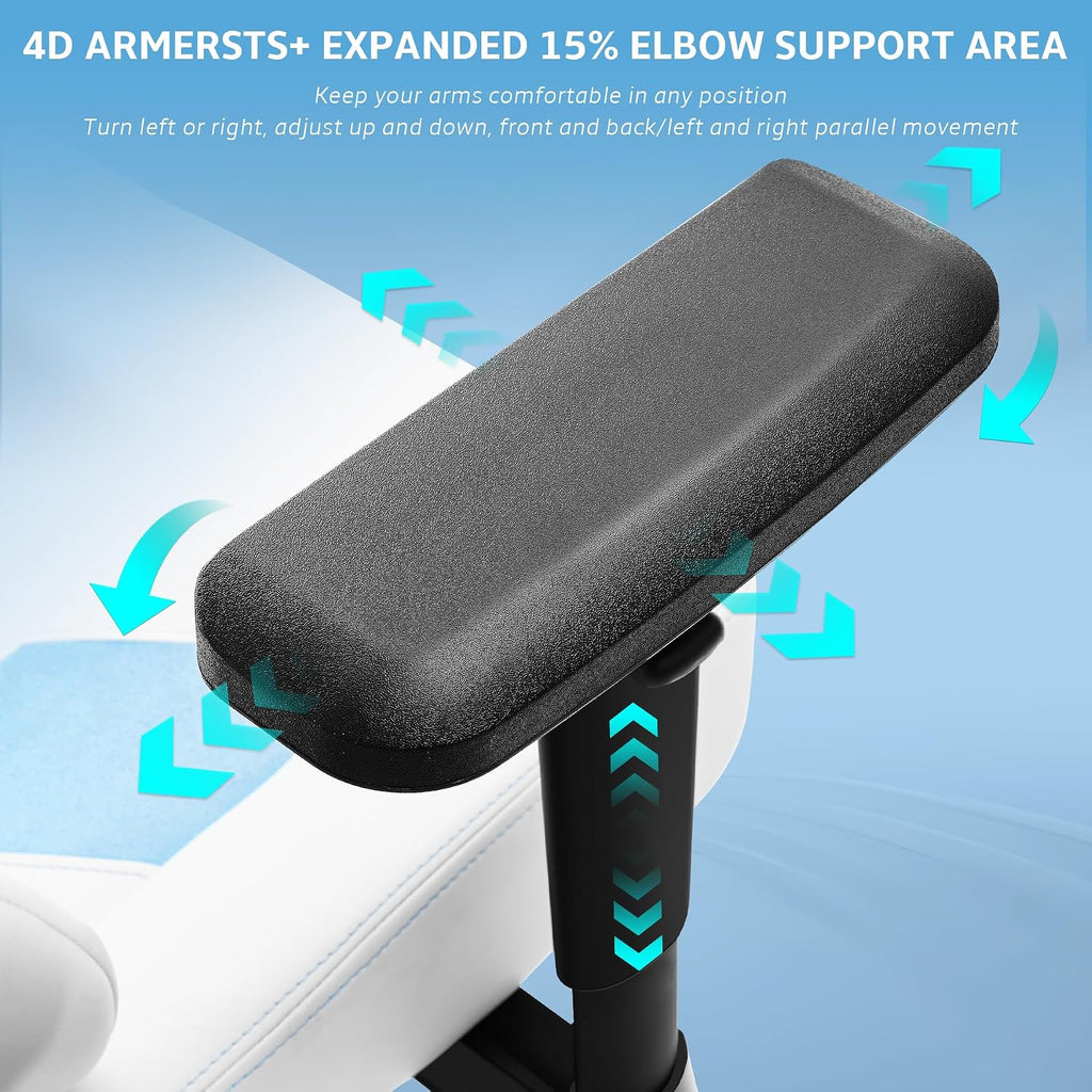 Ergonomic Gaming Chair, Computer Desk Chairs, 4D Armrests, High Back Office Chair with Headrest & Lumbar Pillow, Tilt Rocker Recliner, Heavy-Duty Base, White PU Leather & Blue Suede Combo