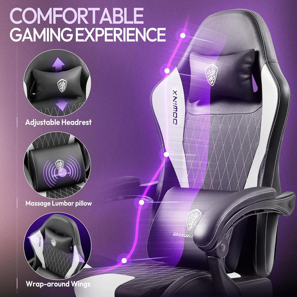 Dowinx Gaming Chair with Massage Lumbar Support and Footrest, Video Game Chair for Adults, Adjustable Ergonomic Gamer Chairs High Back with Pocket Spring Cushion, Swivel Recliner with Headrest, White