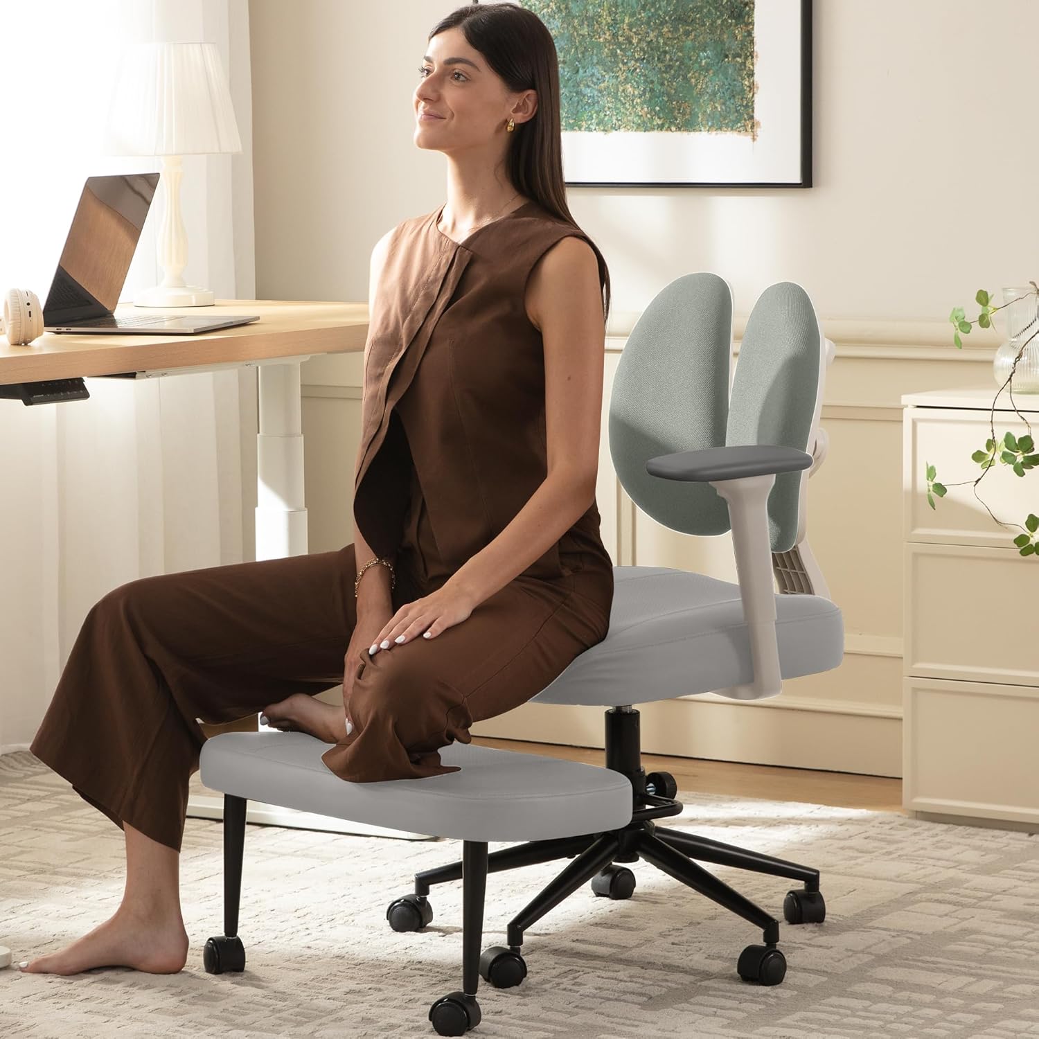AreShark Criss Cross Office Chair with Armrest Wheels & Stretchable Rotating Footrest, Ergonomic Cross Legged Swivel Chair with Back Support& Adjustable Height for Yoga Kneeling Meditation Home Office
