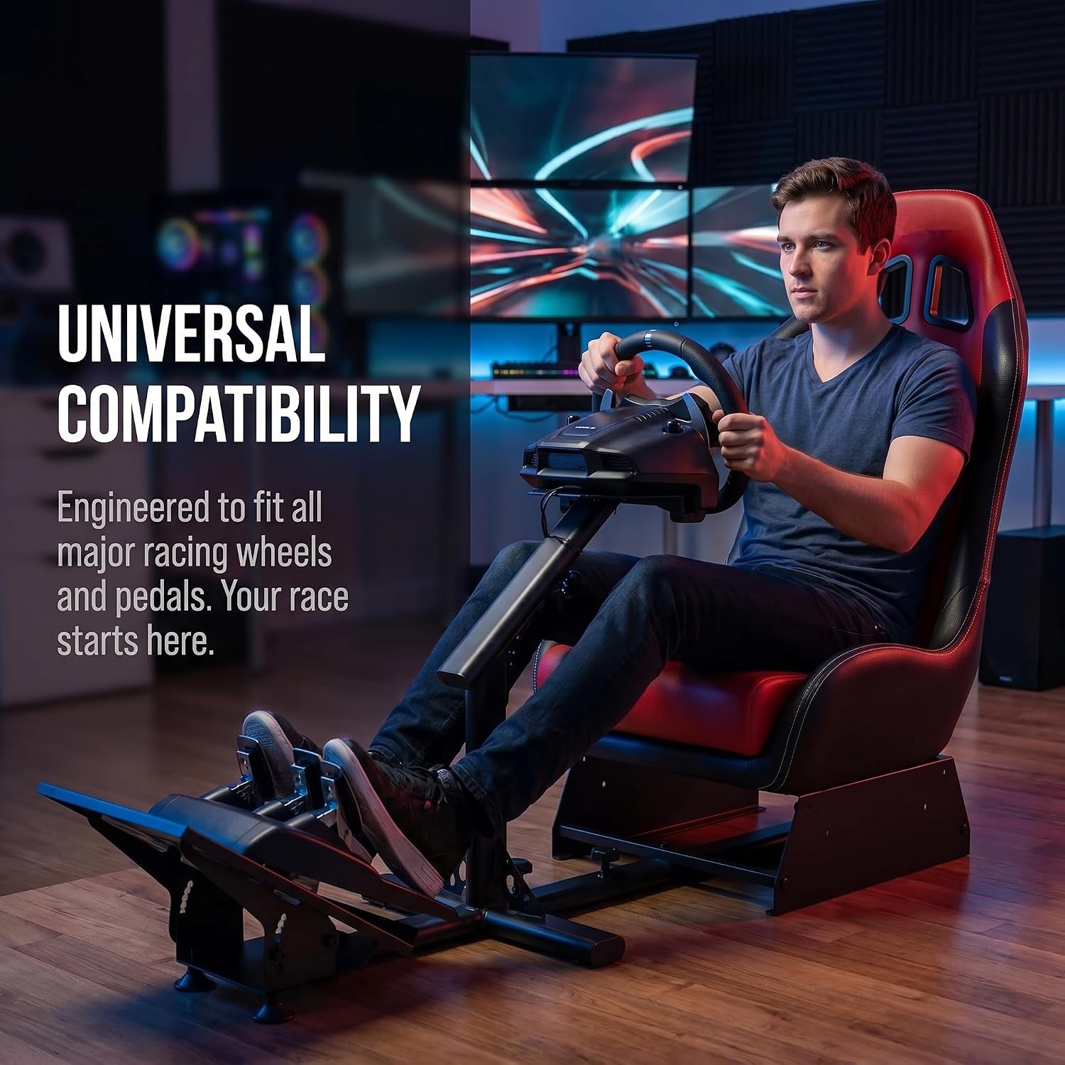 Sim Racing Cockpit with Seat | Compatible with G29 G920 G923 T248X T248 T300RS TX F458 T500RS| Easy to Install Racing Wheel Stand for PS5, Xbox, PC Gaming (Black/Red)