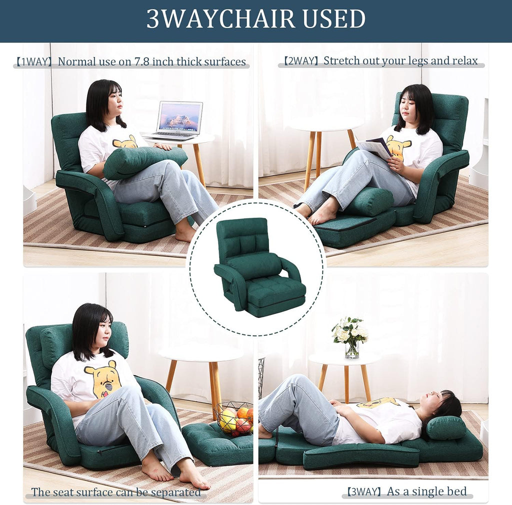 14-Position Adjustable Floor Chair, Chaise Lounge Indoor, Folding Lazy Sofa with Armrests and a Pillow Padded Adults Gaming Chairs for Living Room, Bedroom Factory Price (Green) 8803GN
