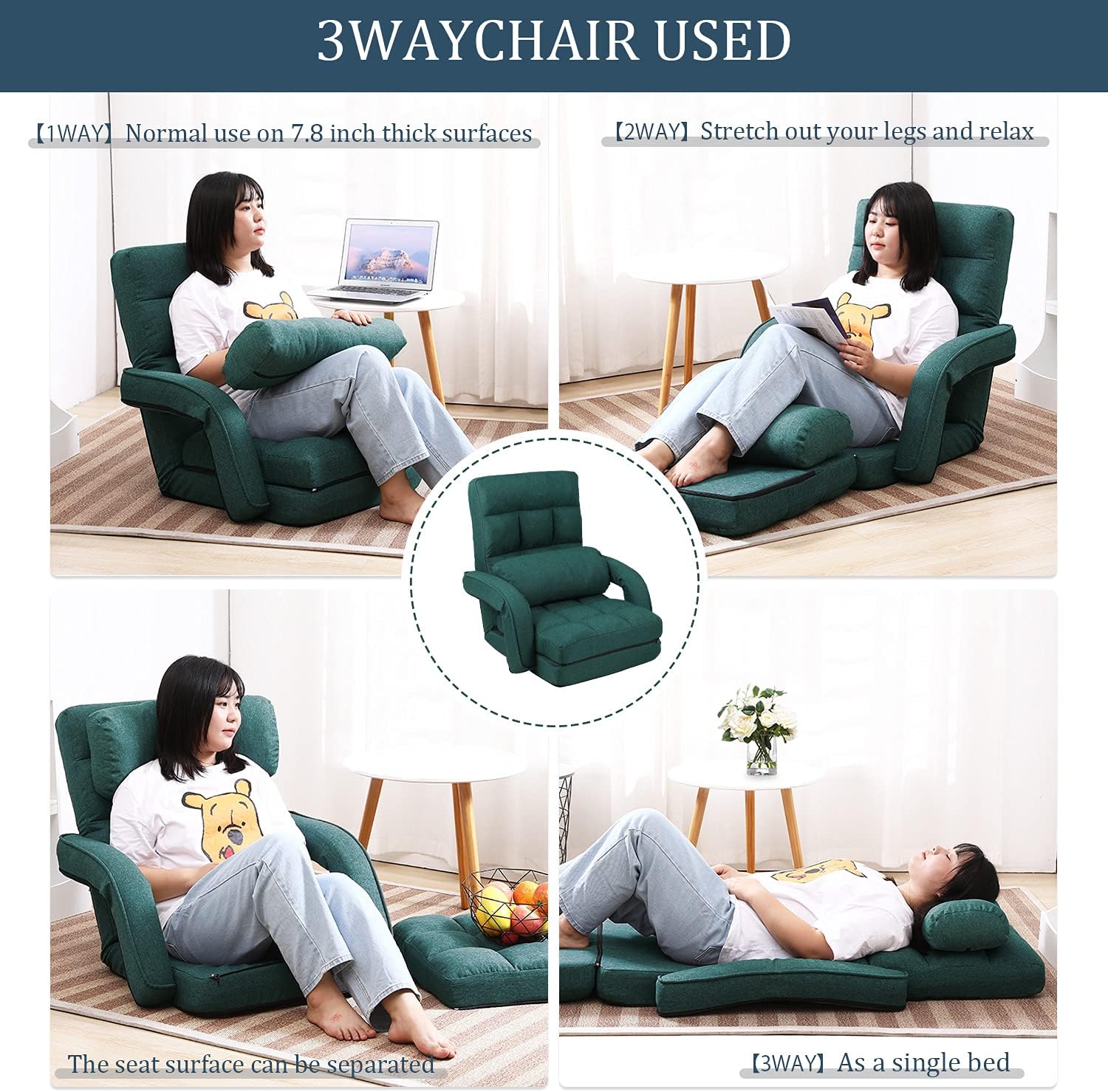 14-Position Adjustable Floor Chair, Chaise Lounge Indoor, Folding Lazy Sofa with Armrests and a Pillow Padded Adults Gaming Chairs for Living Room, Bedroom Factory Price (Green) 8803GN