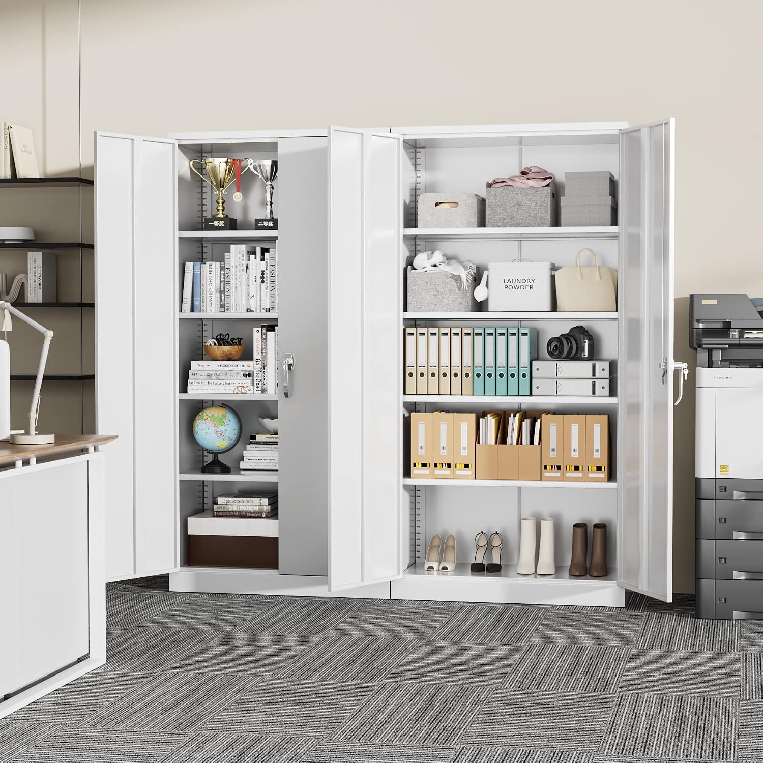 SUNCROWN 72' Metal Storage Cabinet - Heavy-Duty Metal Garage Cabinet with 4 Adjustable Shelves & 2 Doors for Tools, Office, Home, Workshop,White