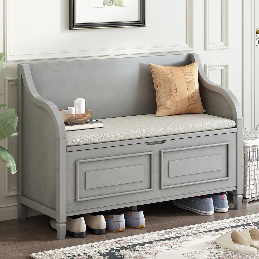 Bellemave Storage Bench with Safety Hinge Wooden Entryway Benches with Shoe Cabinets Under Seat Multifunctional Storage Bench for Entryway, Foyer or a Mudroom (Grey Wash + Beige)