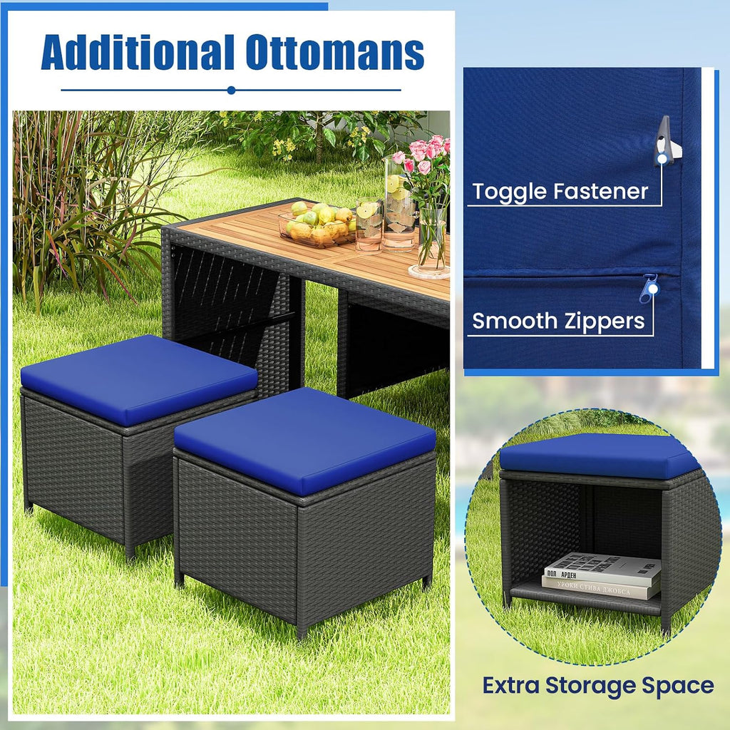 Tangkula 4 Pieces Patio Dining Set, Space Saving PE Rattan Loveseat with Acacia Wood Top Dining Table, Storage Ottomans & Soft Cushions, Outdoor Sectional Conversation Set (Navy Blue)