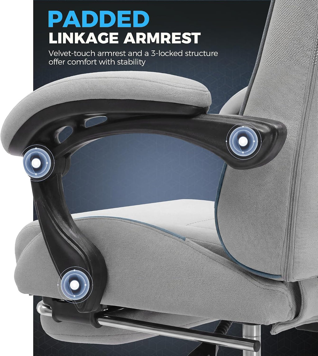 GTPLAYER Gaming Chair Fabric with Pocket Spring Cushion,Computer Office Chair with Lumbar Support for Adults Linkage Armrests and Footrest Ergonomic Gamings Chairs Height Adjustable LightGray