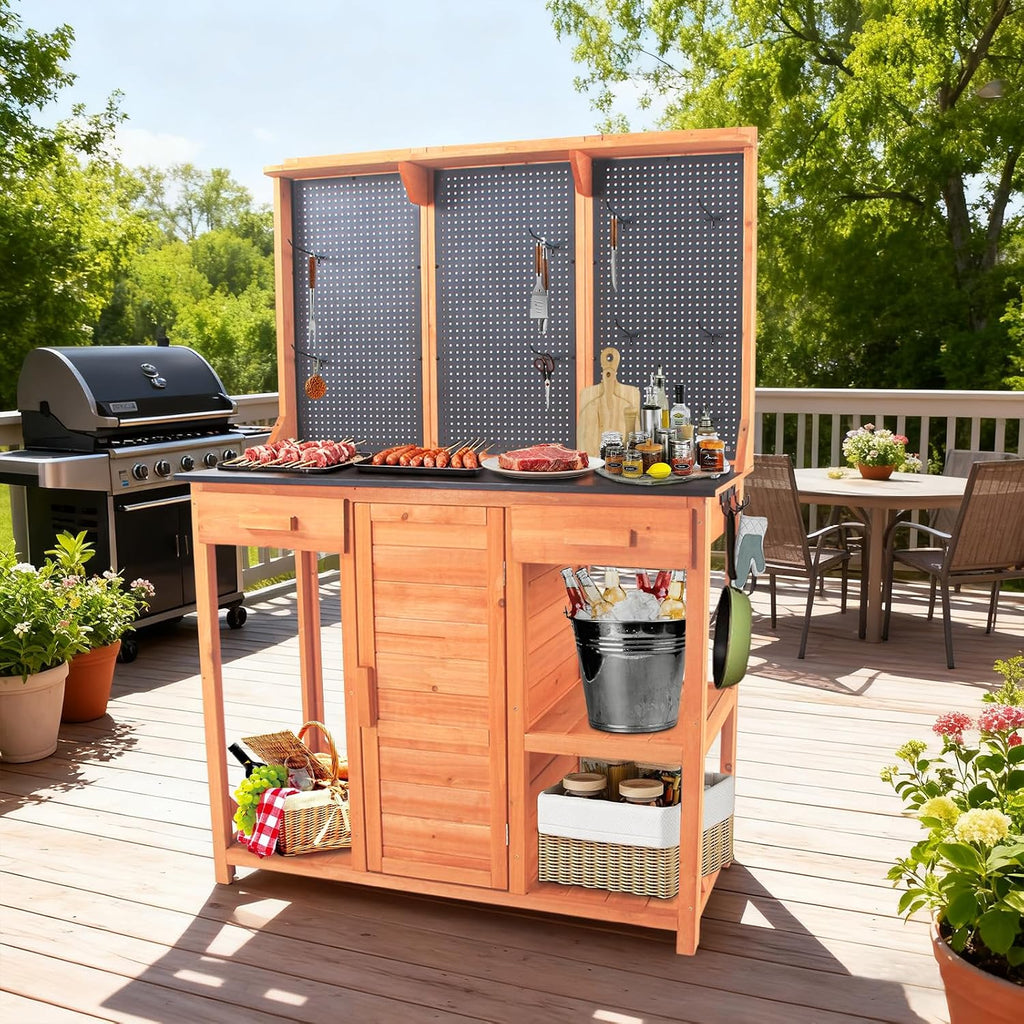 Wooden Outdoor Potting Bench with Pegboard, Storage Cabinet & Black Metal Top - Garden Table for Patio/Backyard