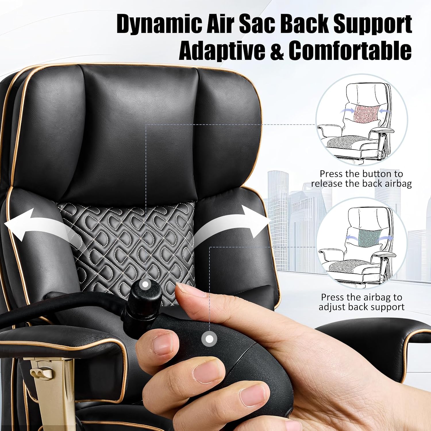 Big Tall Executive Office Chair 500lbs, Comfortable PU Leather Desk Chair with Footrest Adjustable Air Back Support, Lumbar Massage Function, 360°Swivel, Tilt Recline,Height Adjustment,Black