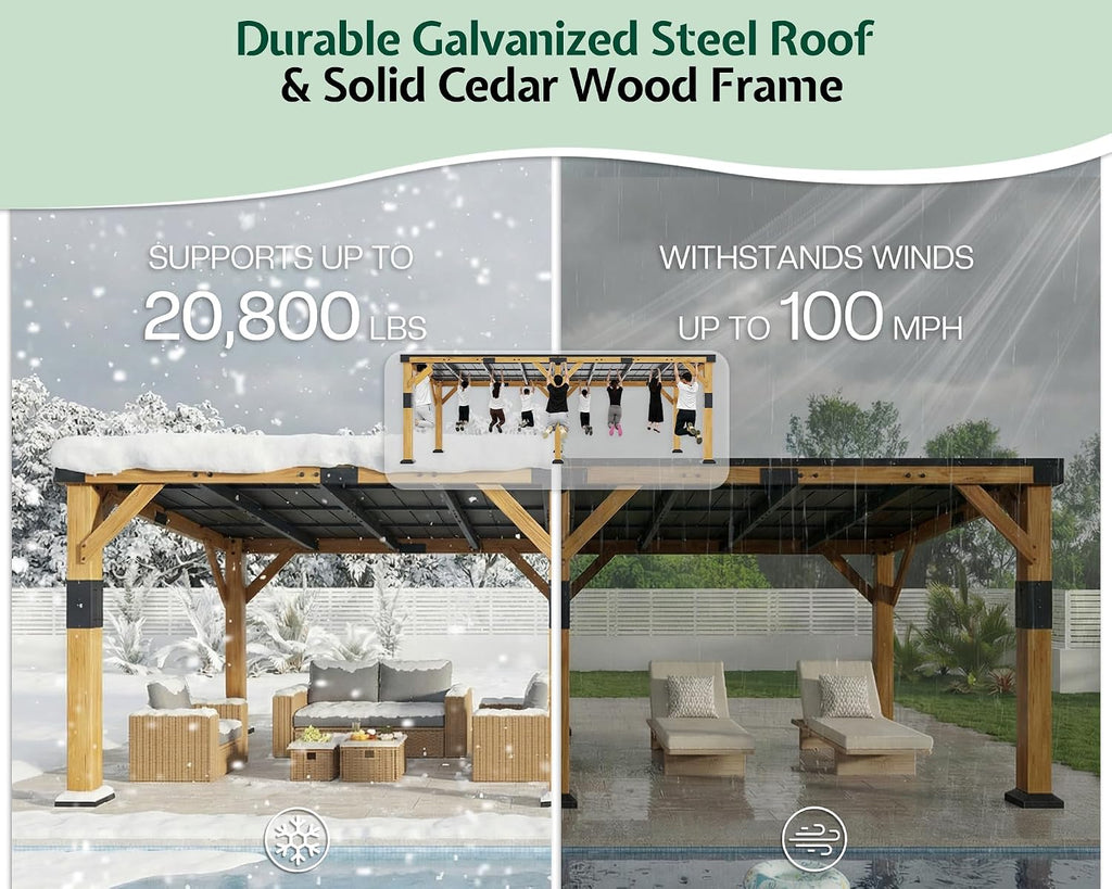 Jocisland 12' x 24' Cedar Wood Gazebo with Sloped Galvanized Steel Roof, Hardtop Gazebo Pavilion with Durable, Rot-Resistant Construction, Permanent Outdoor Pergola for Backyard, Garden & Deck