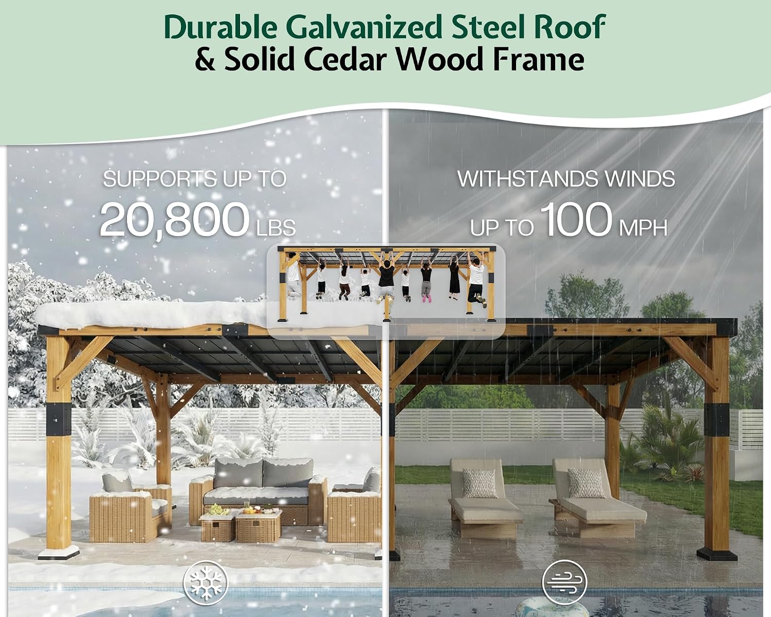 Jocisland 12' x 24' Cedar Wood Gazebo with Sloped Galvanized Steel Roof, Hardtop Gazebo Pavilion with Durable, Rot-Resistant Construction, Permanent Outdoor Pergola for Backyard, Garden & Deck
