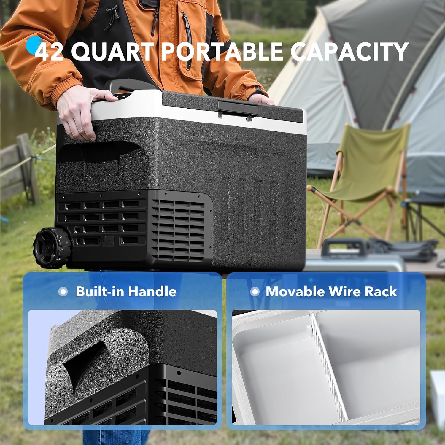 DOGHLY 12 Volt Refrigerator, 42QT Portable Cooler -4℉-68℉, Compressor Car Fridge 12V/24V DC & 110-240V AC, Electric Cooler for Truck, RV, Camper, SUV, Travel, Camping & Road Trips (42QT)