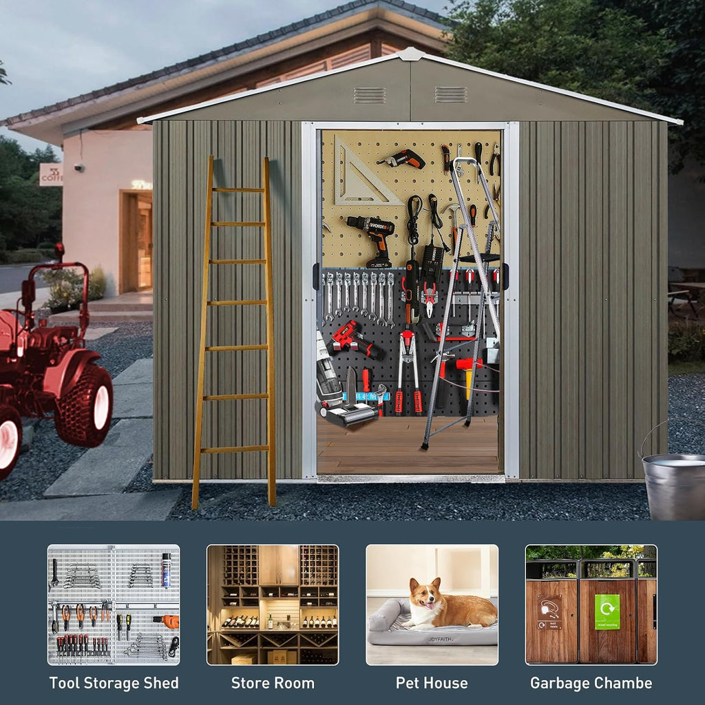 KEIKI 8x6 FT Outdoor Metal Storage Shed with Peaked Roof,Vents,Window and Metal Foundation for Garden Yard Lawn
