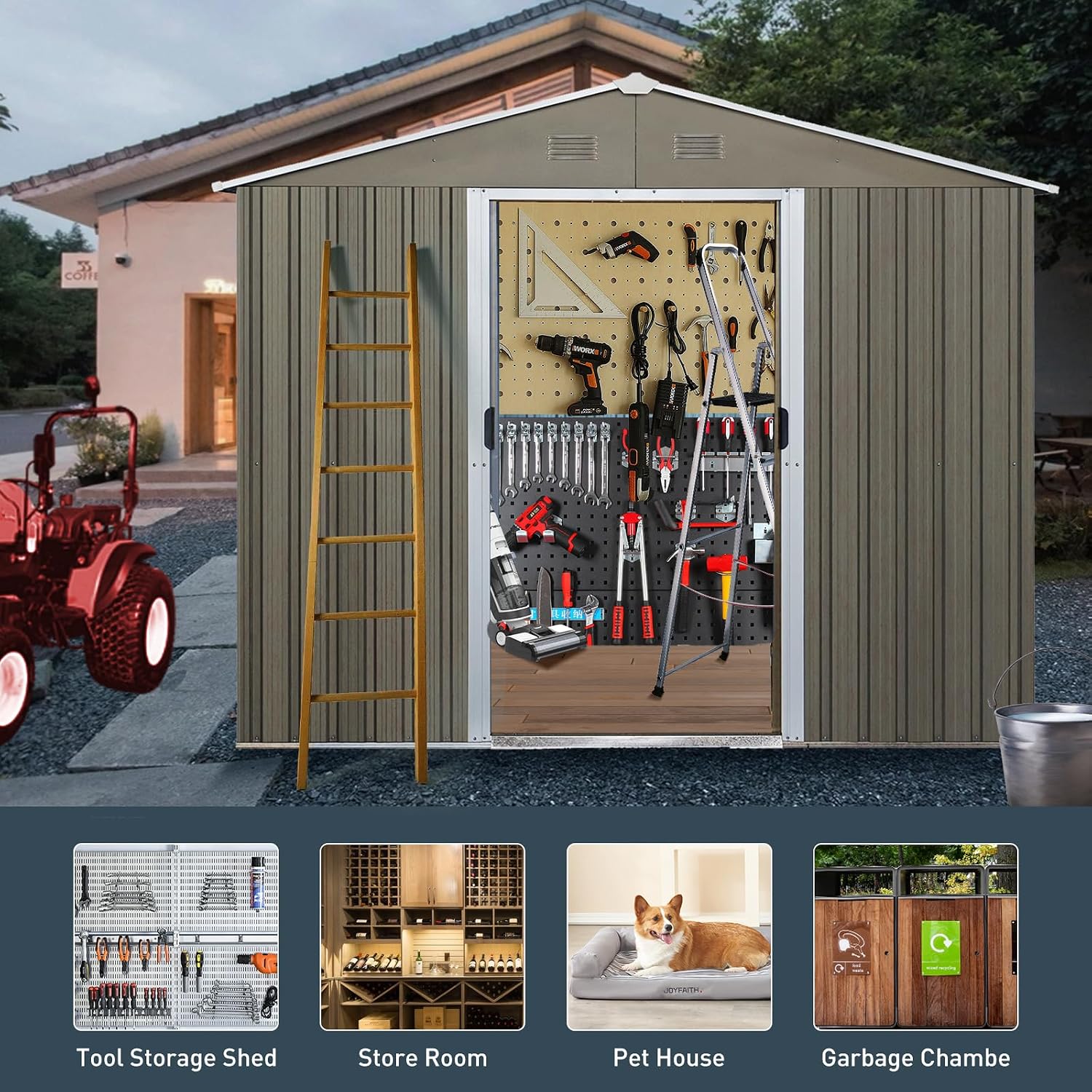 KEIKI 8x6 FT Outdoor Metal Storage Shed with Peaked Roof,Vents,Window and Metal Foundation for Garden Yard Lawn