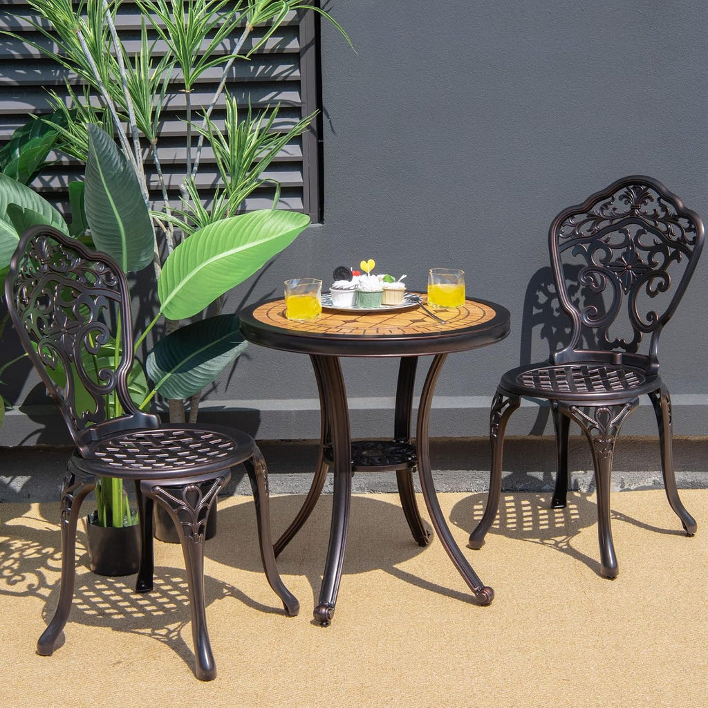 HAPPYGRILL 3-Piece Patio Bistro Set, All-Weather Cast Aluminum Table and Chairs, Outdoor Patio Table and Chairs Furniture for Porch Garden Poolside Backyard
