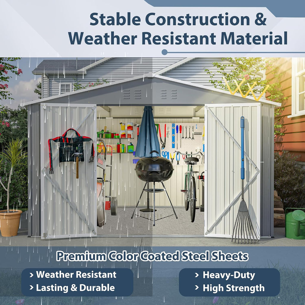 10x8 ft Outdoor Storage shed All Weather Metal Garden shed with Lockable Double Doors Tool Storage for Backyard Patio Lawn and Garden Organization Large Capacity (10x8 ft Grey)