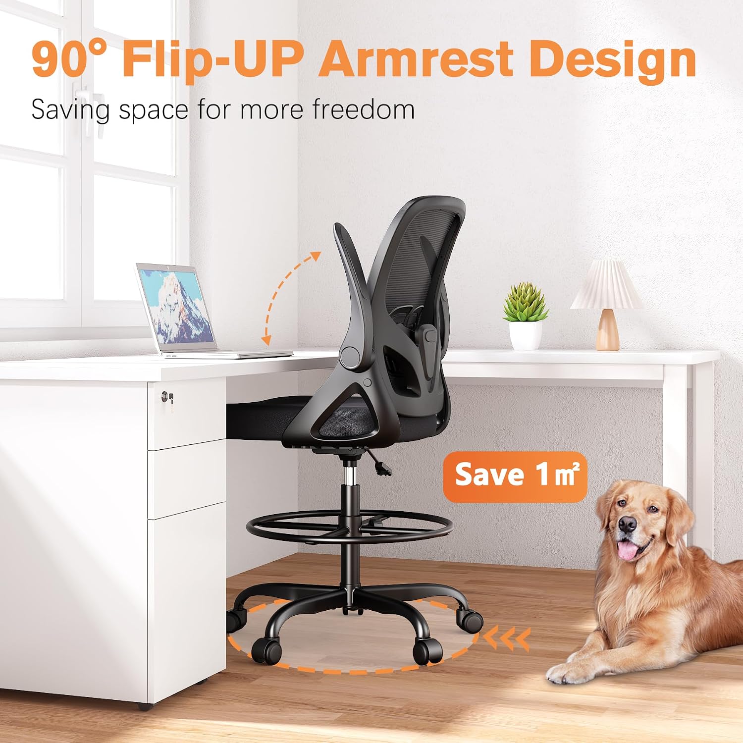 ORRSAKER Drafting Chair Tall Office Chair for Standing Desk, Breathable Mesh Ergonomic Computer Desk Chair with Flip-Up Armrests, Adjustable Lumbar Support and Footrest Ring,300 LBS，Black