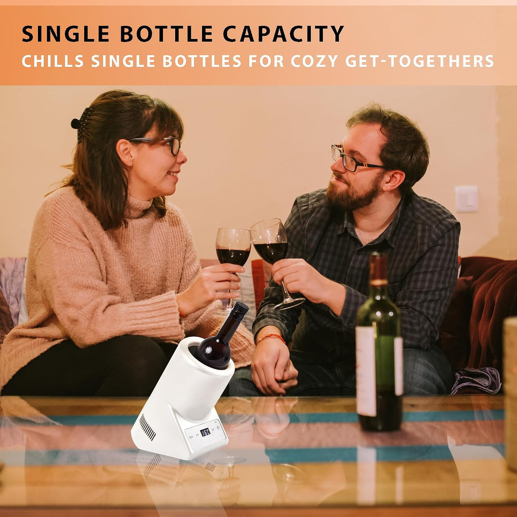 Equator 110V/12V Portable Electric Wine Chiller for Red, White and Water Bottles, 750mL Single Bottle Cooler, Stainless Body, Rechargeable, 24h Cold, Ideal for Parties & Gifts (White)