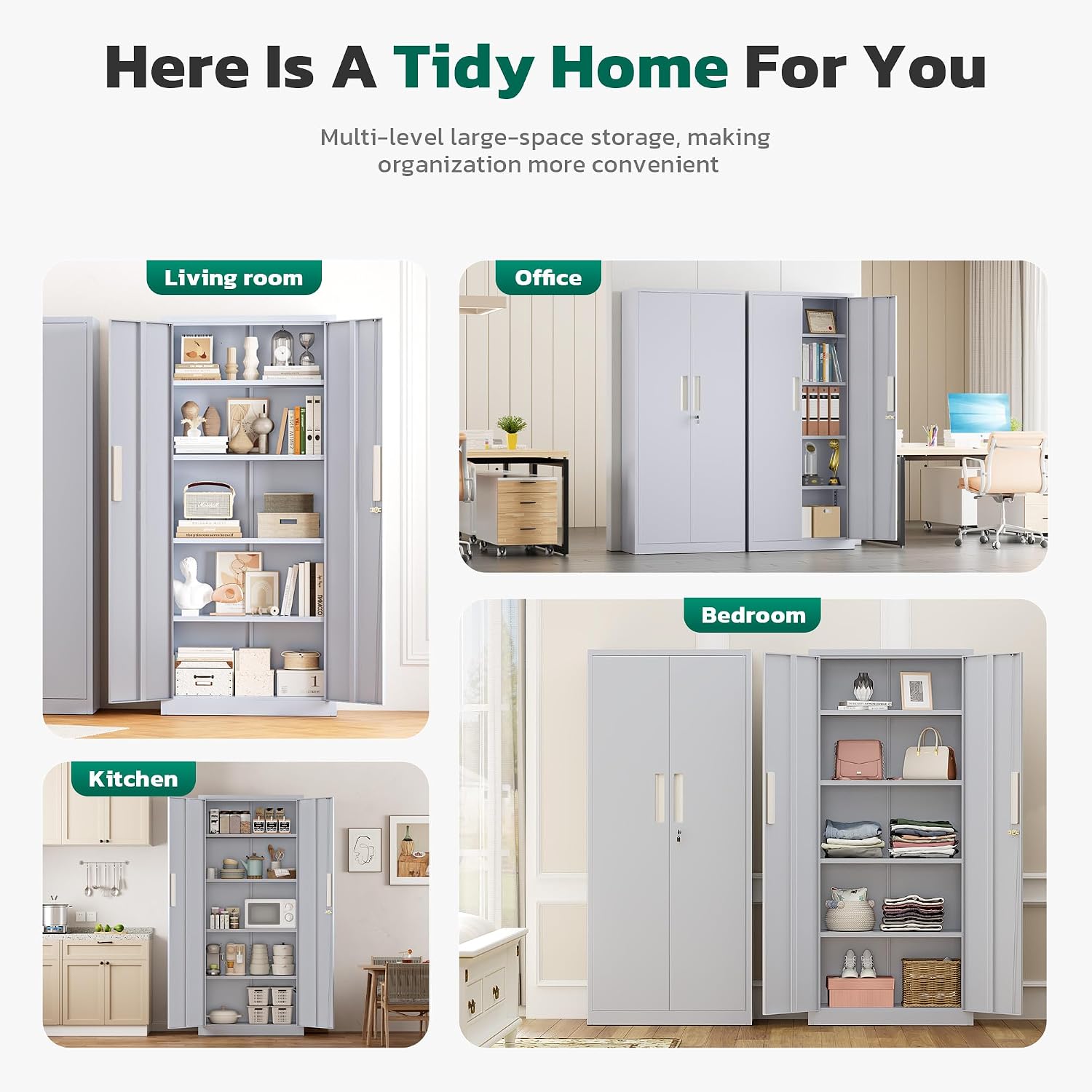 Greenvelly 63' H Metal Storage Cabinet Dark Grey, Locking Metal Cabinet, Store Tools, Clothes, Tableware and Toiletries, Garage Cabinets with Adjustable Shelves for Office, Home, Garage, Pantry