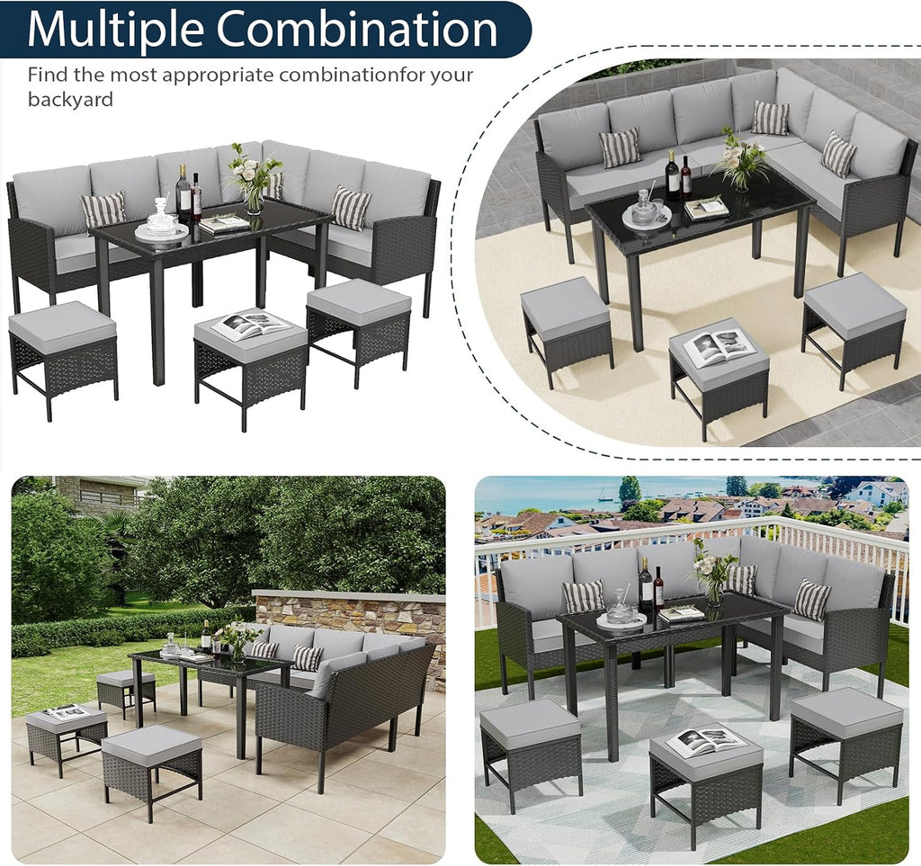 7-Piece Outdoor Patio Furniture Set, Wicker Sectional Sofa with Seat & Back Cushions & 3 Pillows, All-Weather Conversation Set with Long Glass Coffee Table for Garden, Porch, Lawn, Gray