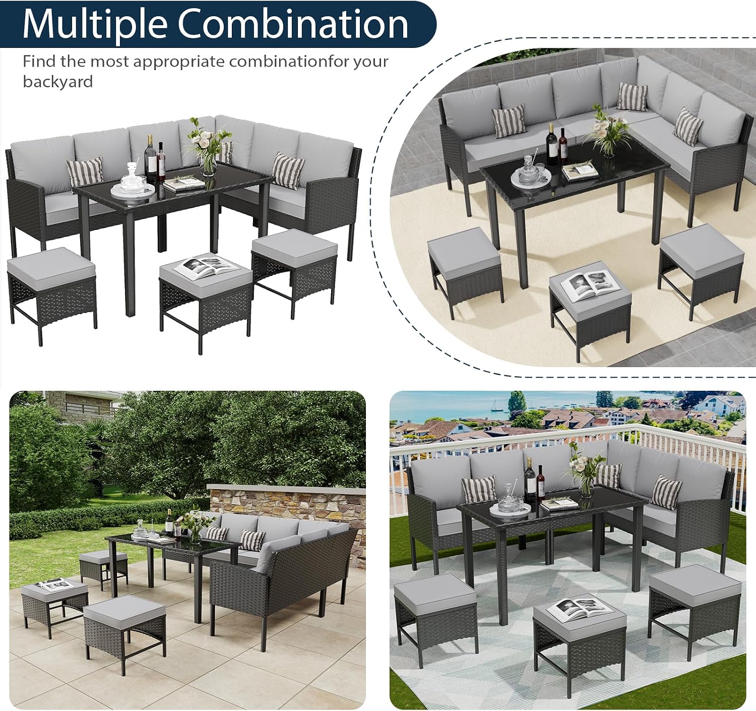 7-Piece Outdoor Patio Furniture Set, Wicker Sectional Sofa with Seat & Back Cushions & 3 Pillows, All-Weather Conversation Set with Long Glass Coffee Table for Garden, Porch, Lawn, Gray