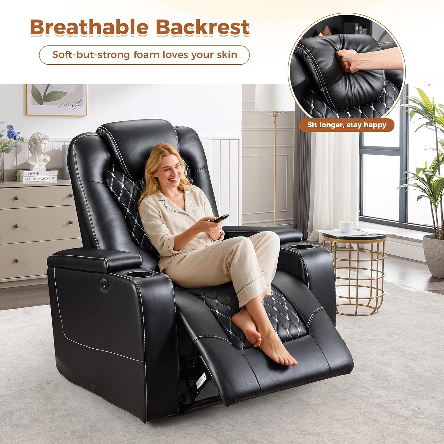 ANJ Power Recliner Chair Set of 4, Electric Soft Faux Leather Reclining Home Theater Seating - USB Ports, Cup Holders, Hidden Arm Storage Movie & Media Room Chairs (Black)