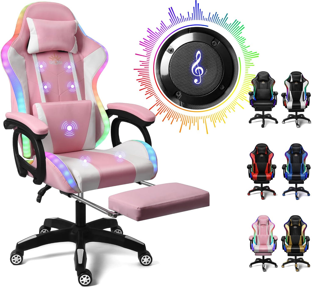 Gaming Chair with LED Lights and Speakers, Ergonomic Pro Video Game Chair with Massage and Footrest, for Adults, Teens, and Kids - Perfect for Gaming, Office, and Working. (Pink+White)