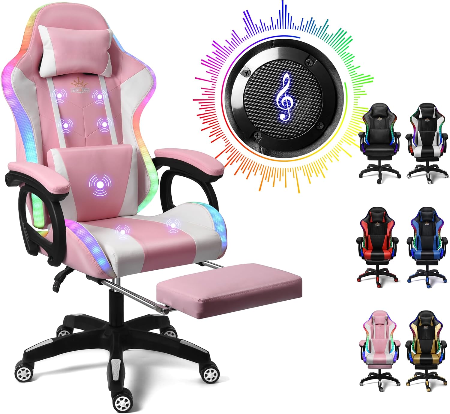 Gaming Chair with LED Lights and Speakers, Ergonomic Pro Video Game Chair with Massage and Footrest, for Adults, Teens, and Kids - Perfect for Gaming, Office, and Working. (Pink+White)