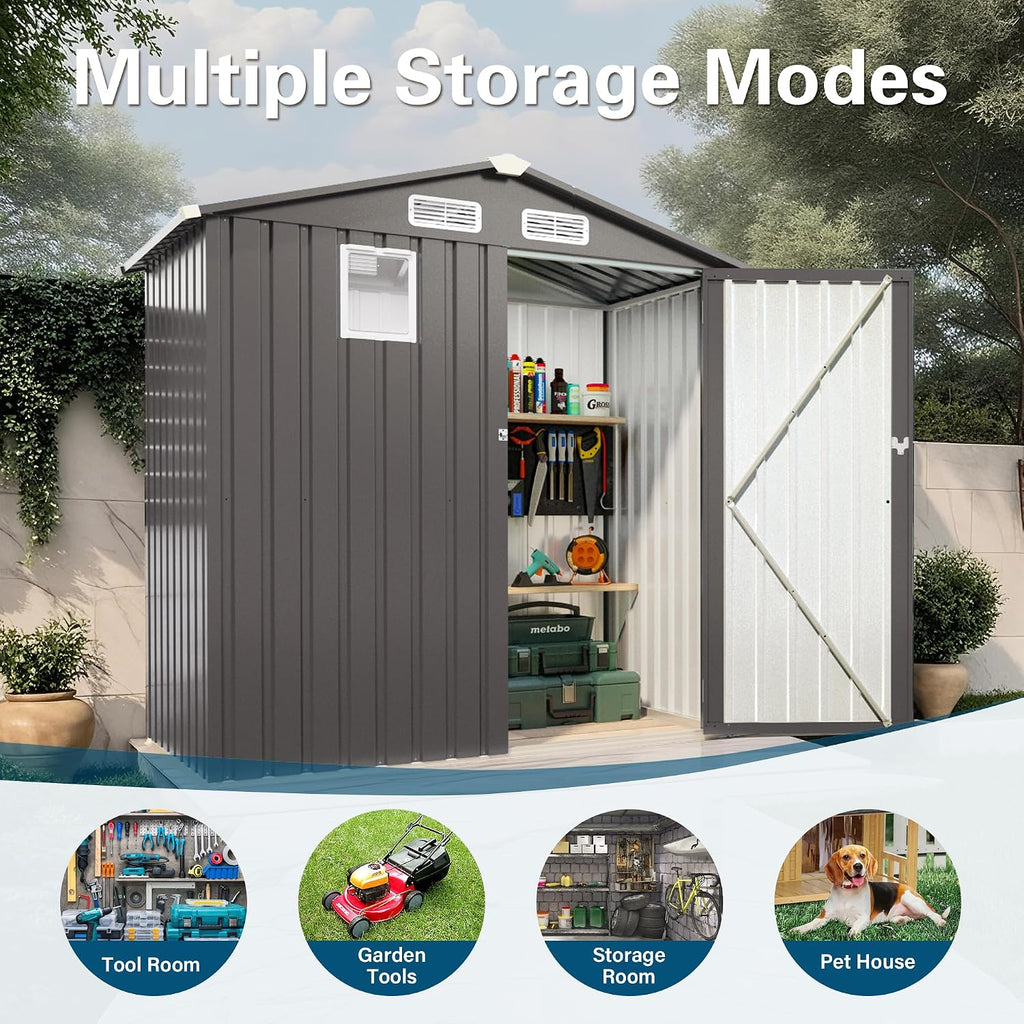 YOPTO 6X4 FT Metal Outdoor Storage Shed,Waterproof Tool Sheds with Pitched Roof and Positive Window,Backyard House Buildings w/Lockable Door & Vents,for Garden Sundries Sundries Bike,Gray