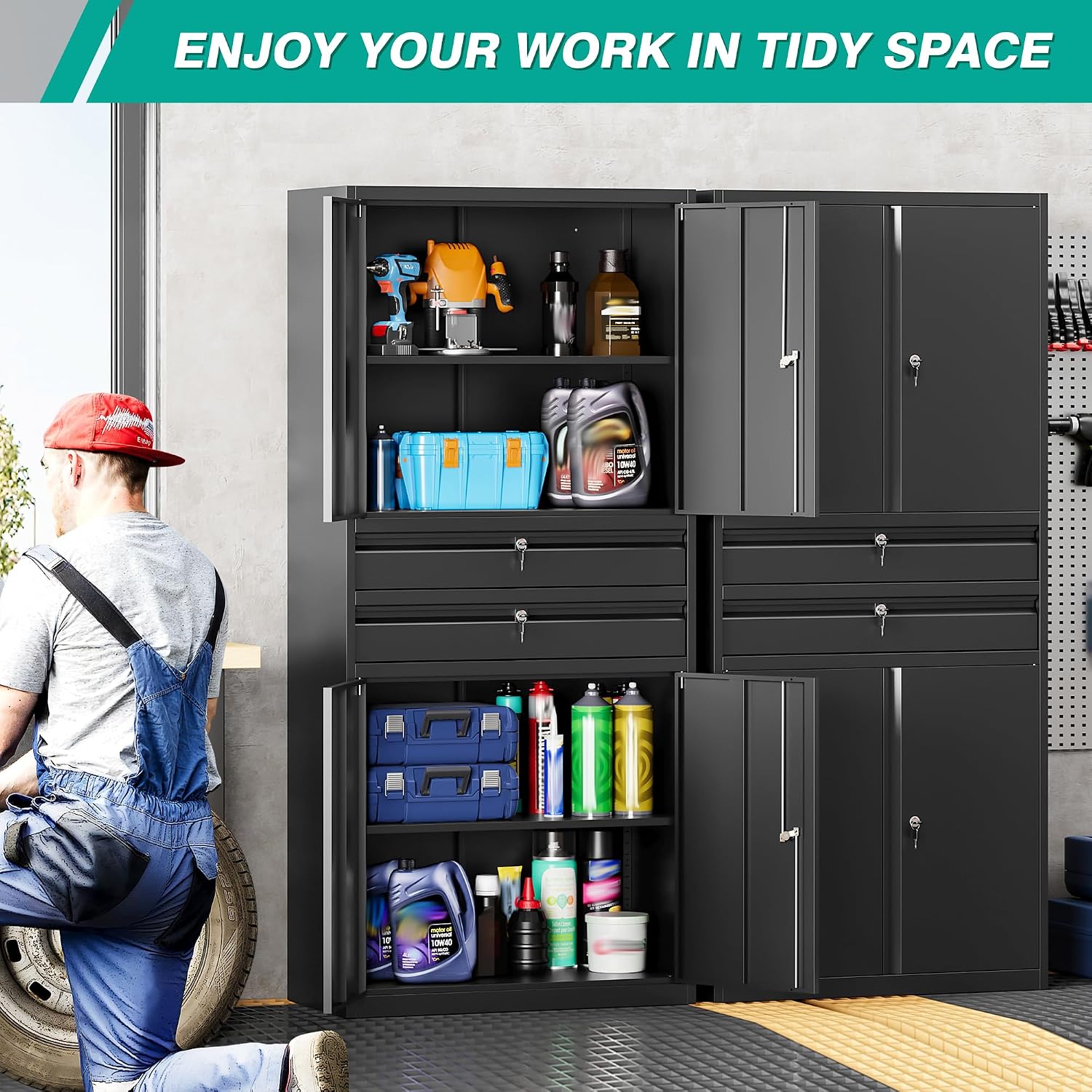 SISESOL Metal Storage Cabinet with Drawer and Locks,Black Garage Storage Cabinet with Locking Doors and Adjustable Shelves,71' Tall Large Metal Cabinets with Magnetic Door for Home,Office,Garage