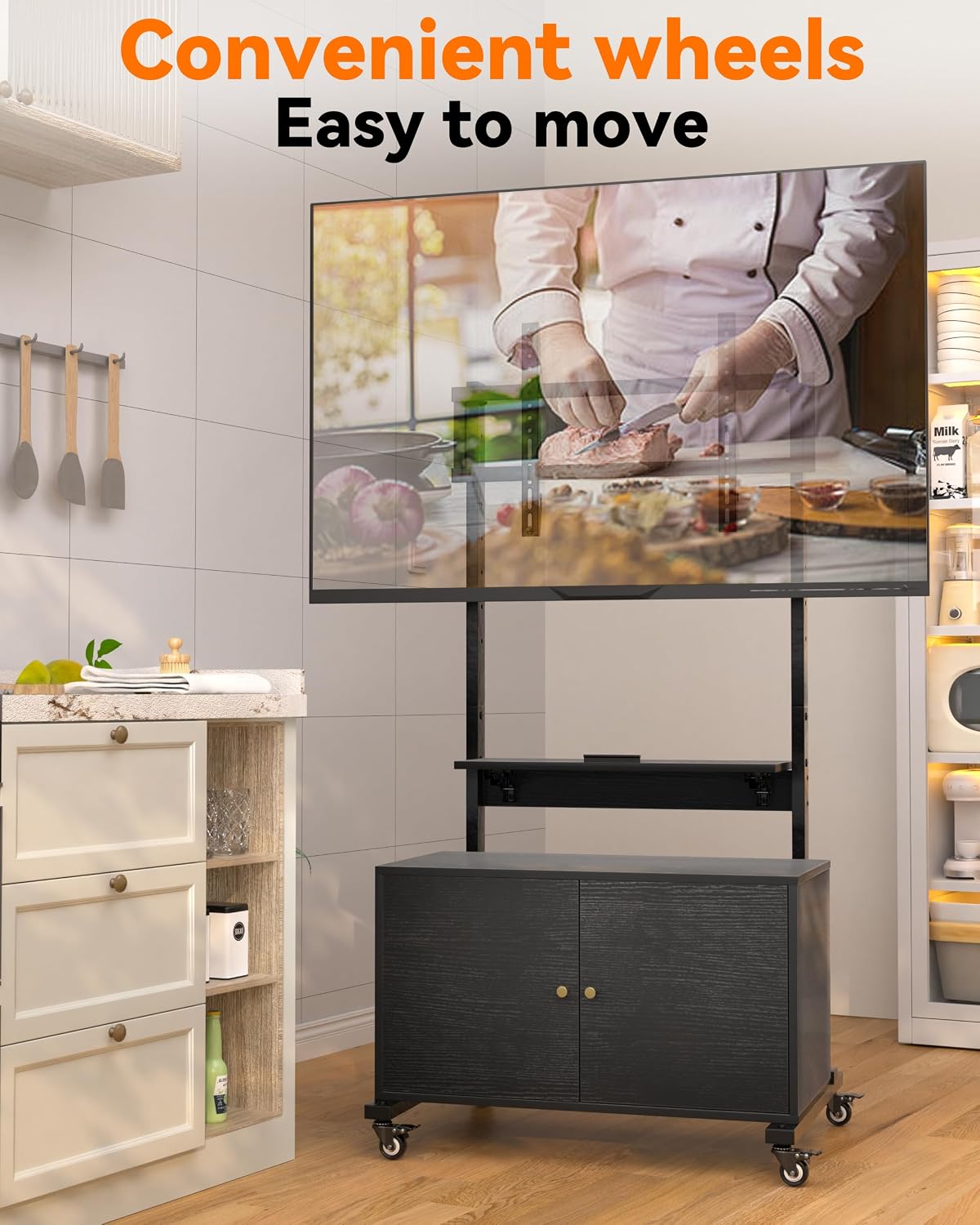 Rolling TV Stand with TV Mount,TV Floor Stand with Storage Cabinet for 32-75in Screen,Mobile TV Stand on Wheels with Foldable Table,Height Adjustable,Entertainment Center for Outdoor and Living Room