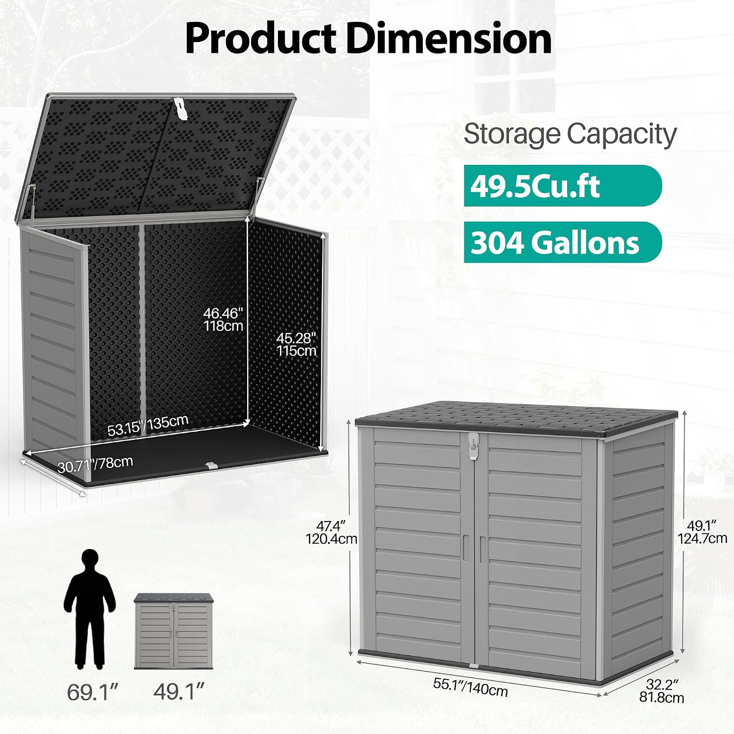 HUGROVE 49.5 Cu Ft Outdoor Storage Cabinet, Horizontal Outdoor Storage Shed, Lockable Large Garden Shed, Weather Resistant Outdoor Storage Box for Trash Cans, Garden Tools (Dark Gray)