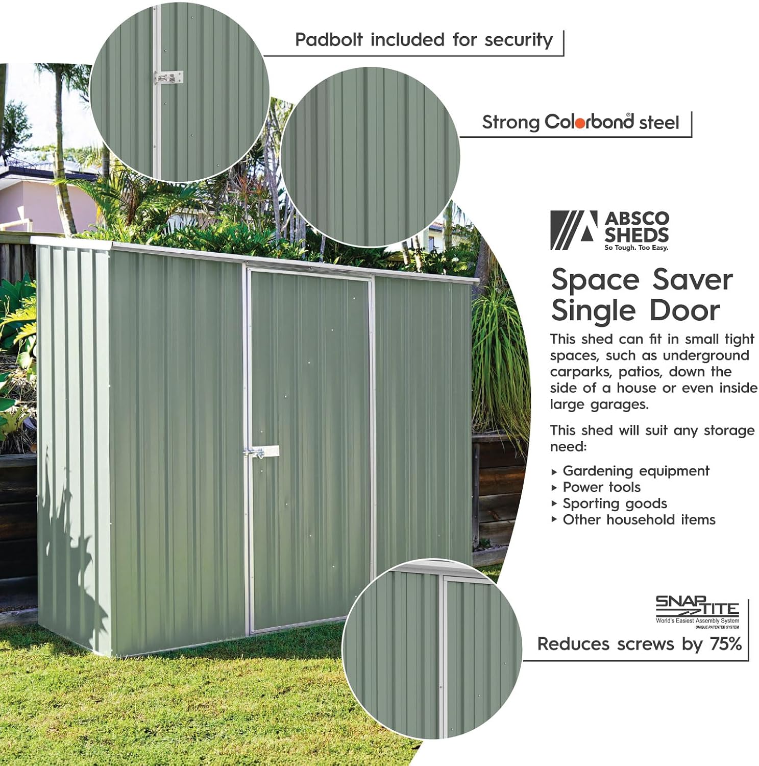 ABSCO 7' x 3' Space Saver Shed, Aluminum and Steel Utility Tool Shed, Outdoor Storage for Backyard, Lawn Patio, Bikes, Pale Eucalypt Metal Shed