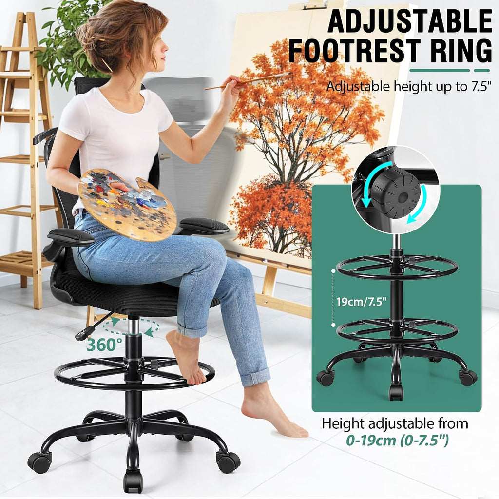 Drafting Chair, Tall Office Chair with 3D Lumbar & Head Support, Ergonomic Mesh Standing Desk Chair with Footring, Comfy Extended High Desk Chair with Flip-Up Arms & Hanger,Black