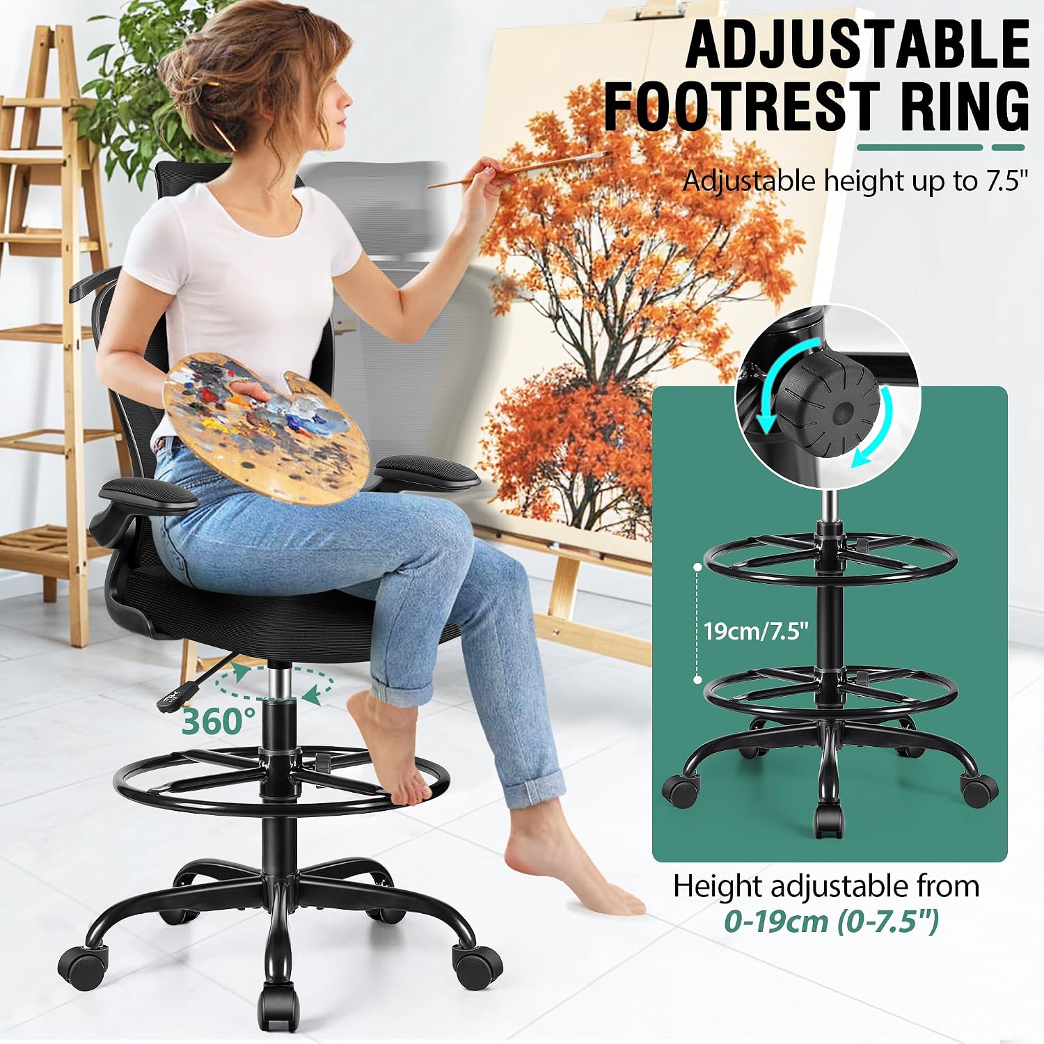 Drafting Chair, Tall Office Chair with 3D Lumbar & Head Support, Ergonomic Mesh Standing Desk Chair with Footring, Comfy Extended High Desk Chair with Flip-Up Arms & Hanger,Black