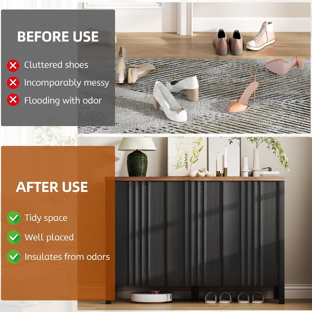 Vlsrka Shoe Cabinet with 3 Doors, Narrow Wooden Shoe Cabinet, Hidden Shoe Storage for Entryway, Foyer, Hallway