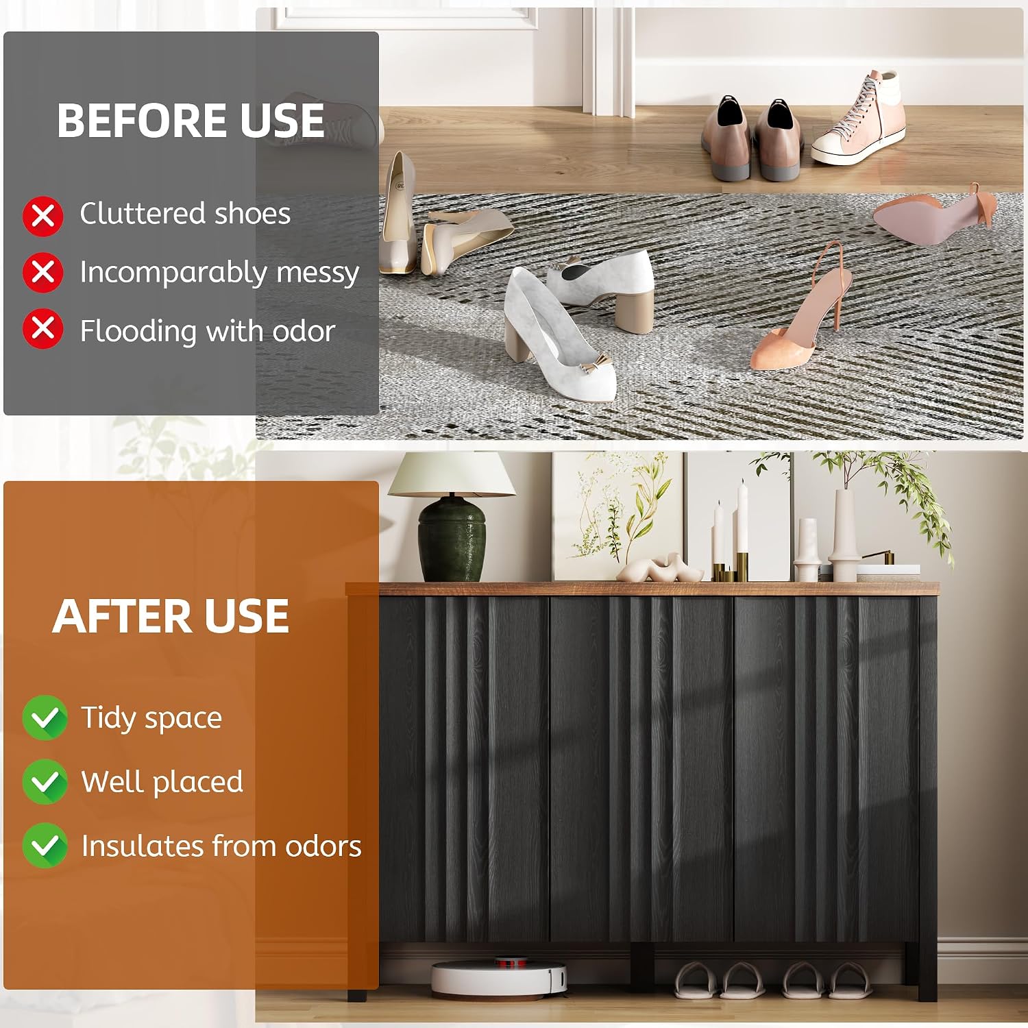 Vlsrka Shoe Cabinet with 3 Doors, Narrow Wooden Shoe Cabinet, Hidden Shoe Storage for Entryway, Foyer, Hallway