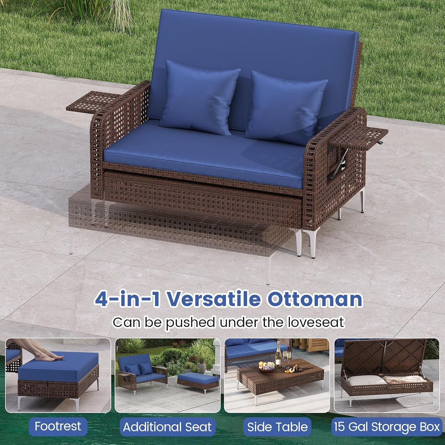 Tangkula Patio Rattan Daybed with 4-Level Adjustable Backrest, Boho Outdoor Wicker Loveseat & Storage Ottoman with Cushion, 2-Person Sun Lounger with Folding Tables for Poolside, Backyard & Garden