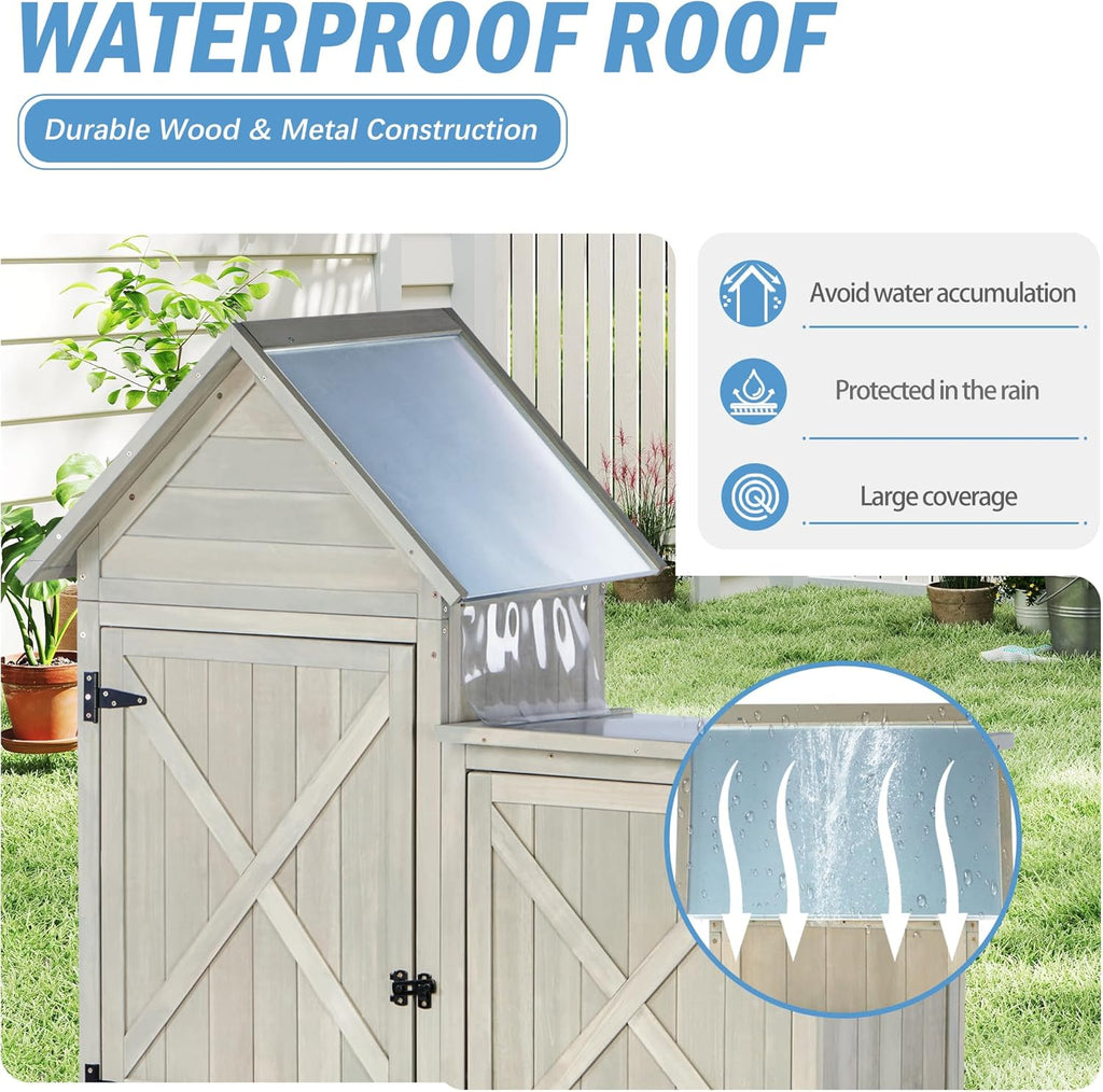Outdoor Storage Cabinet|Waterproof Metal Roof & Wooden Vertical Design, Tall Garden Tool Shed with Multiple Shelves for Patio, Backyard, Lawn, Yard,Outdoor Storage shed